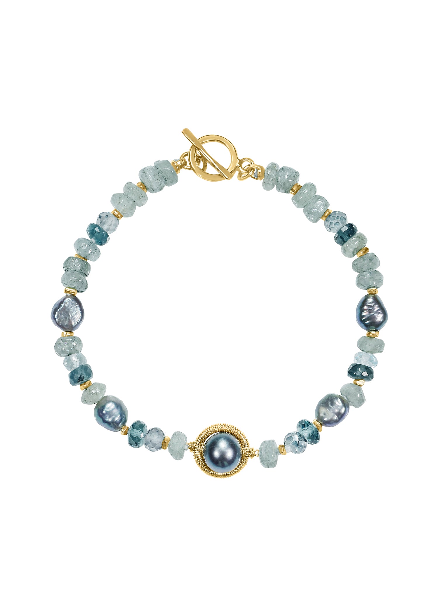 Freshwater pearl Aquamarine Kyanite Blue quartz 14k gold fill Pendant measures 3/8" in diameter.  Total length is 7" Handmade in our Los Angeles studio