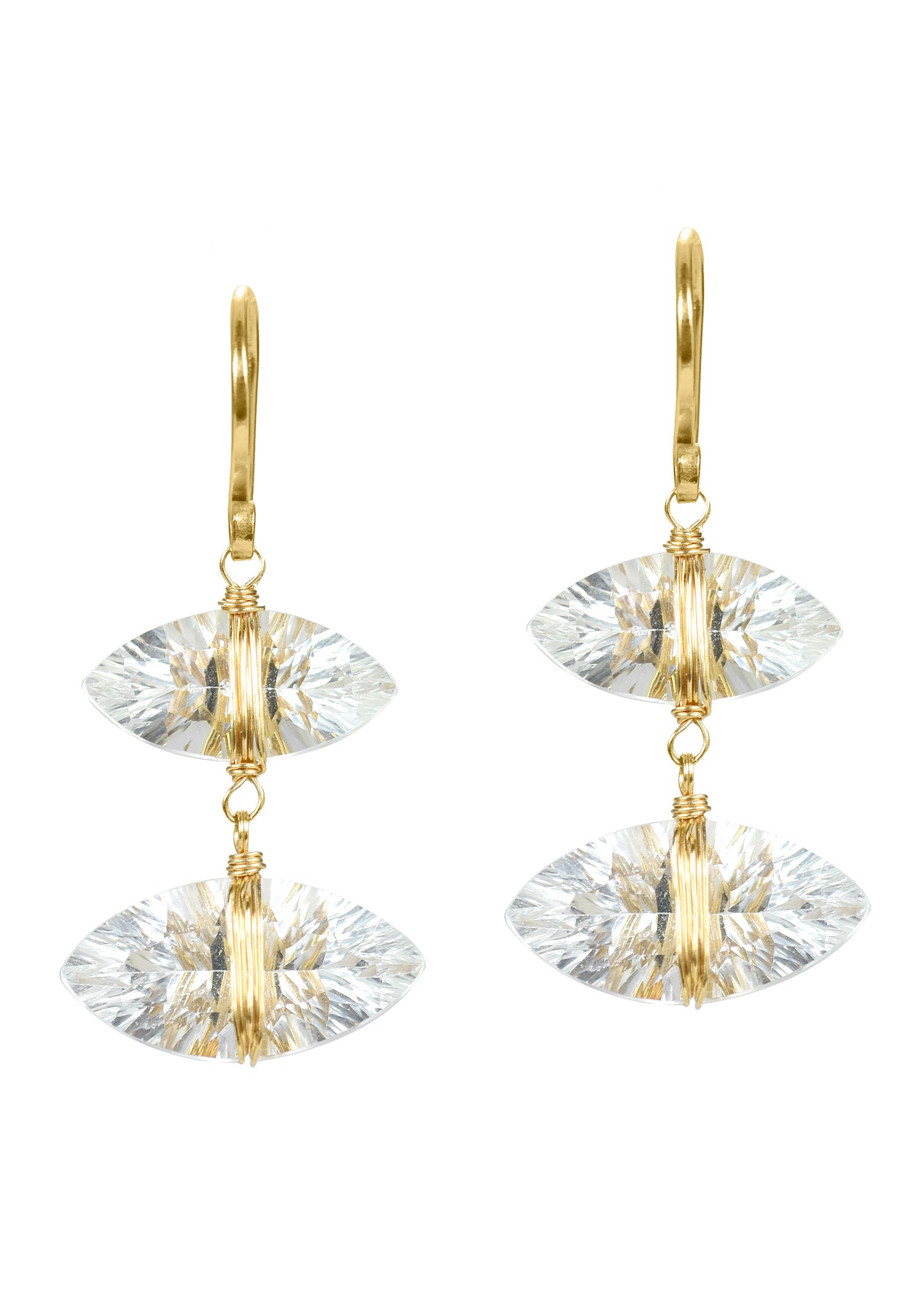White topaz earrings in 14k gold with hand wire-wrapped marquise stones on ear wires.