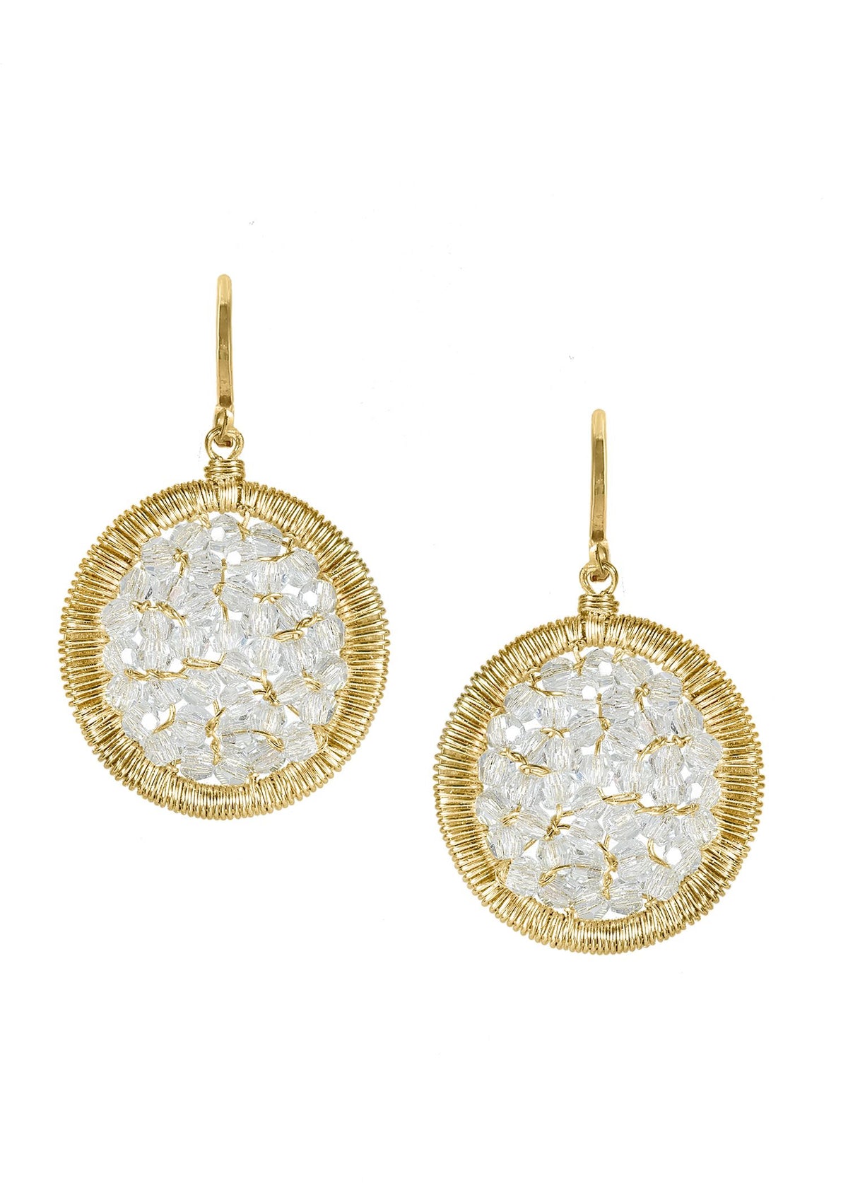 Crystal earrings in 14k gold fill, featuring hand wire-wrapped round frames with clear sparkling gems.