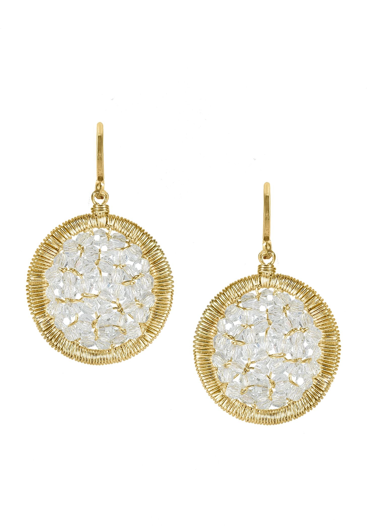 Crystal earrings in 14k gold fill, featuring hand wire-wrapped round frames with clear sparkling gems.