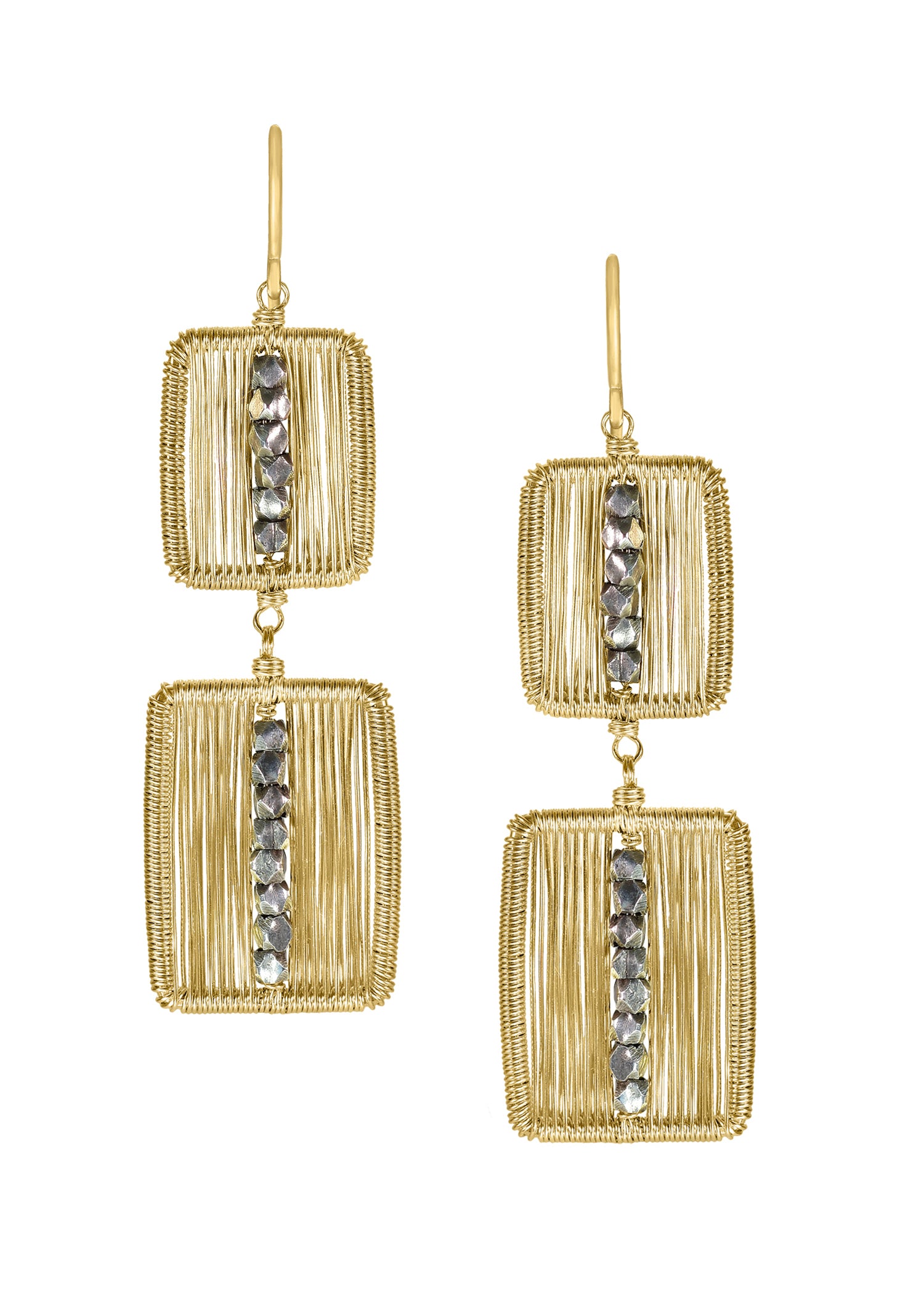 Double earrings with faceted silver beads in hand wire-wrapped 14k gold fill rectangular frames.
