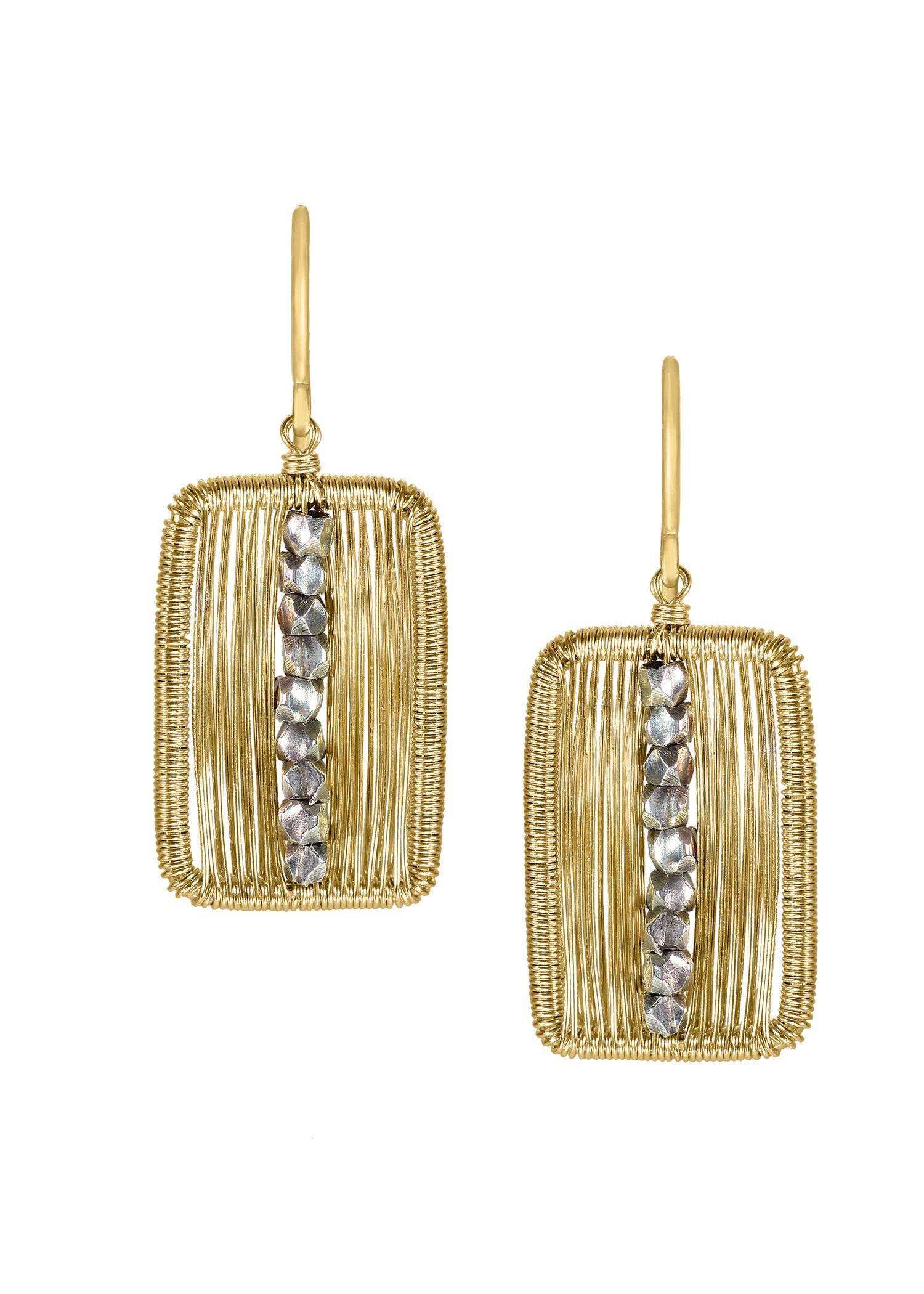 Hand wire-wrapped earrings with faceted silver beads in 14k gold fill rectangular frames.