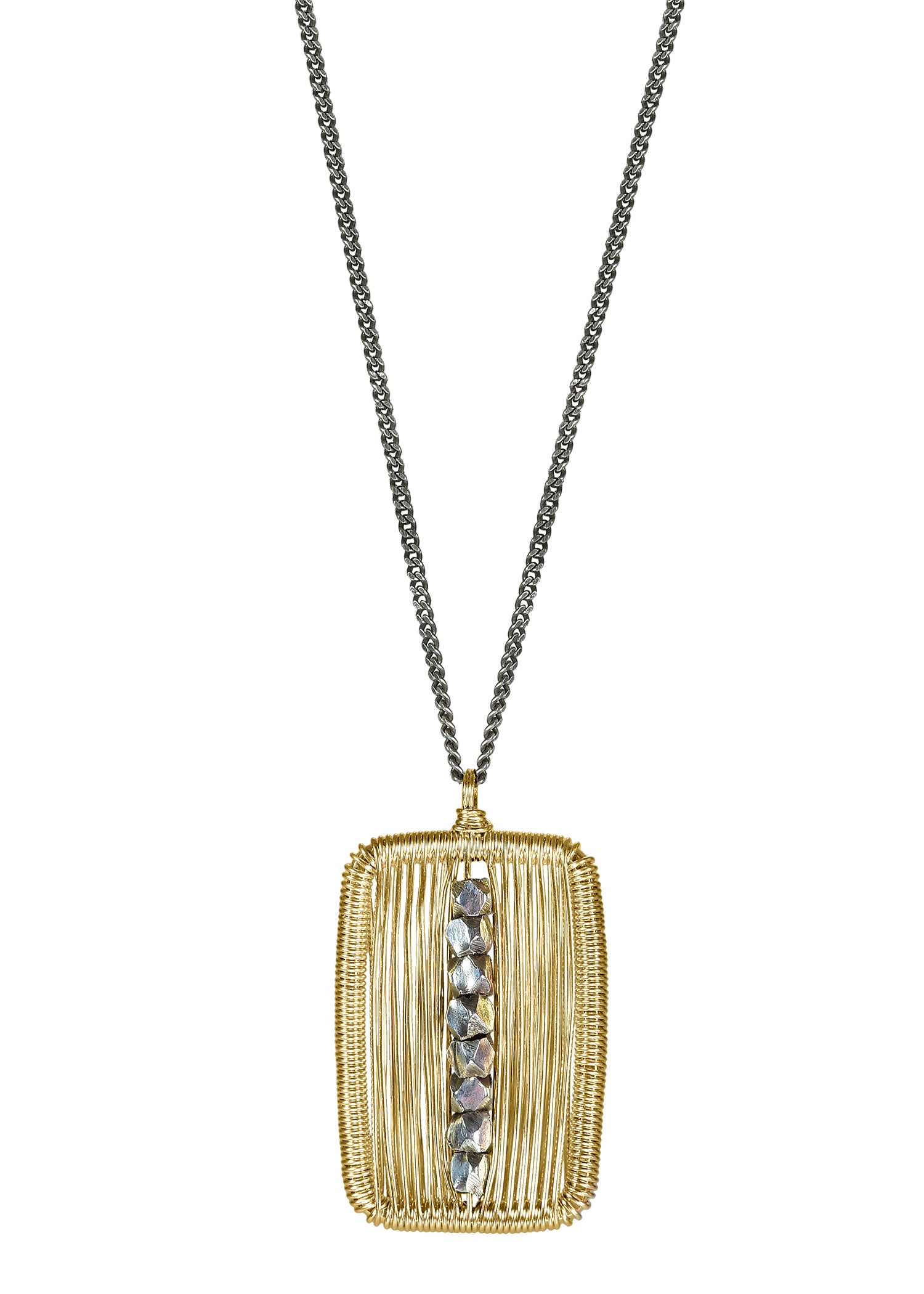 Necklace with faceted silver beads in a 14k gold fill cocooned pendant on a sterling silver chain.