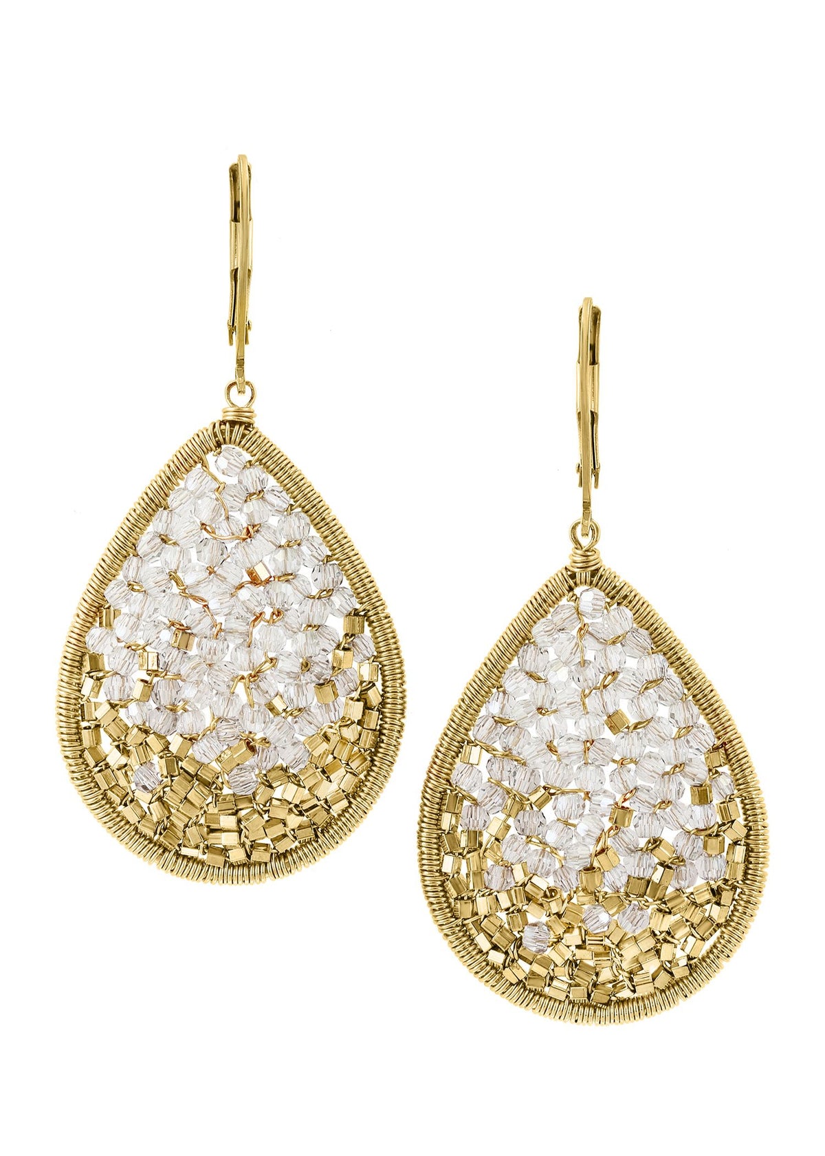 Crystal teardrop earrings in 14k gold fill with hand wire-wrapped champagne ombre beads in a pear shape.