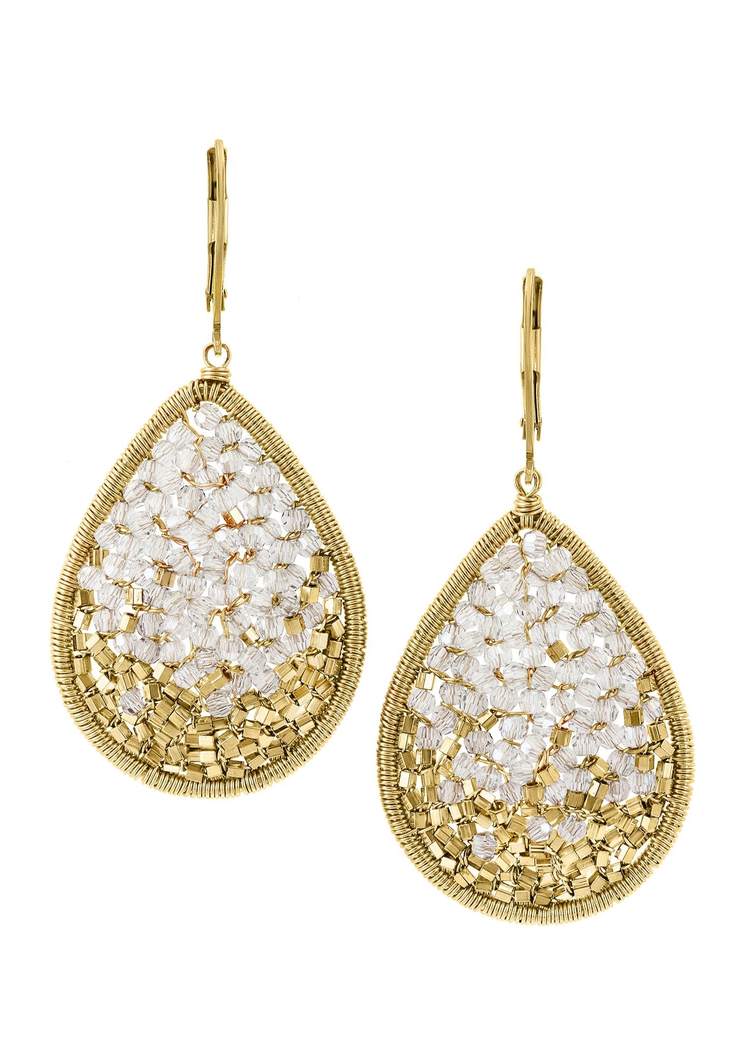 Crystal teardrop earrings in 14k gold fill with hand wire-wrapped champagne ombre beads in a pear shape.