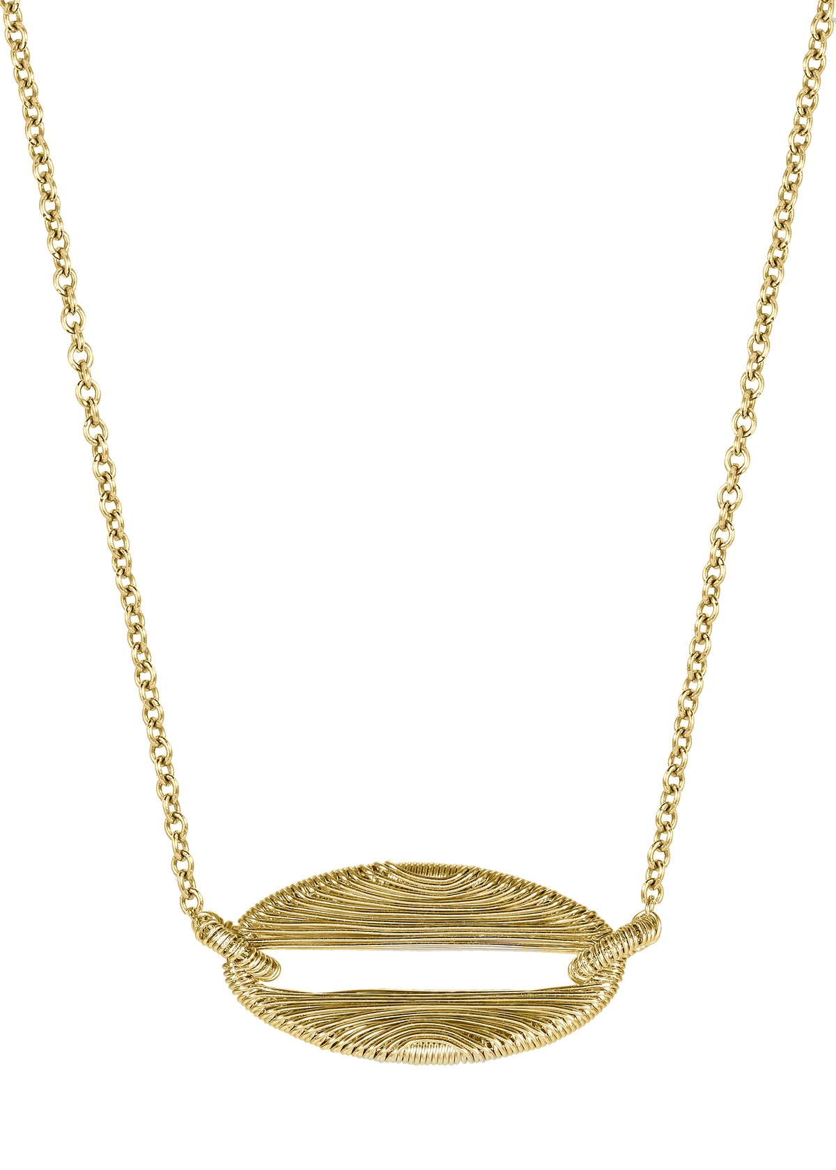 Channel necklace in 14k gold fill featuring an oval pendant with handmade woven bails on a shimmering chain.
