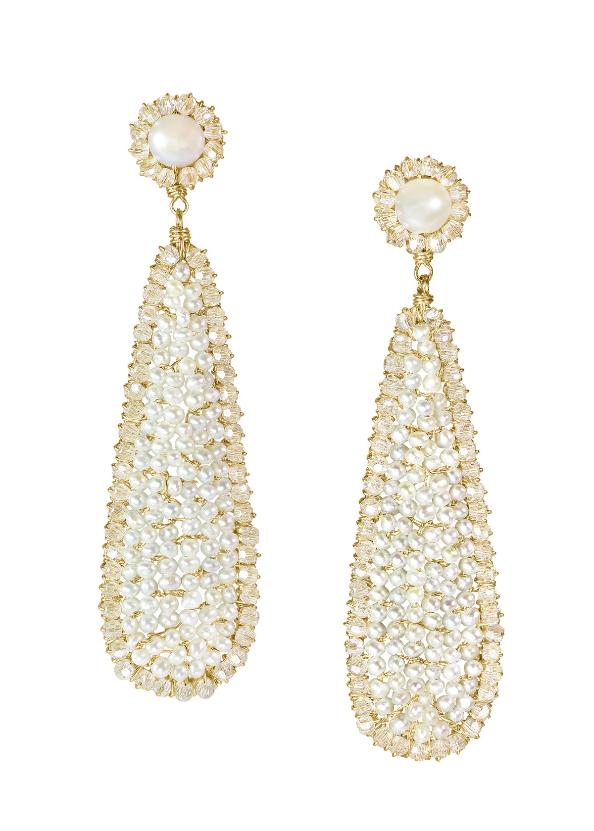 Crystal and freshwater pearl earrings in 14k gold fill with hand wire-wrapped teardrop shapes and crystal-encrusted posts.