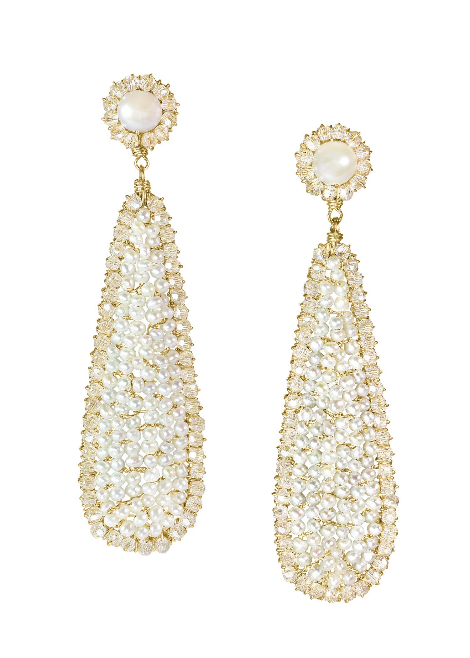 Crystal and freshwater pearl earrings in 14k gold fill with hand wire-wrapped teardrop shapes and crystal-encrusted posts.