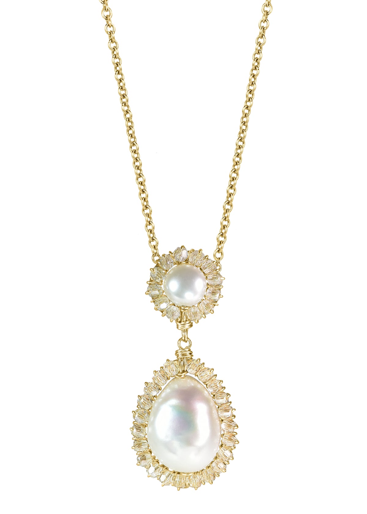 Freshwater pearl necklace with 14k gold fill, featuring two hand wire-wrapped pendants surrounded by sparkling crystals.