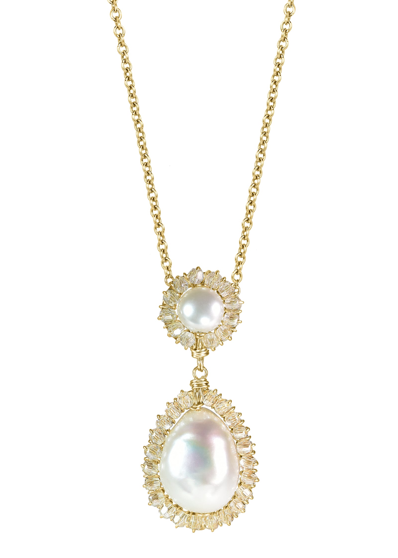 Freshwater pearl necklace with 14k gold fill, featuring two hand wire-wrapped pendants surrounded by sparkling crystals.