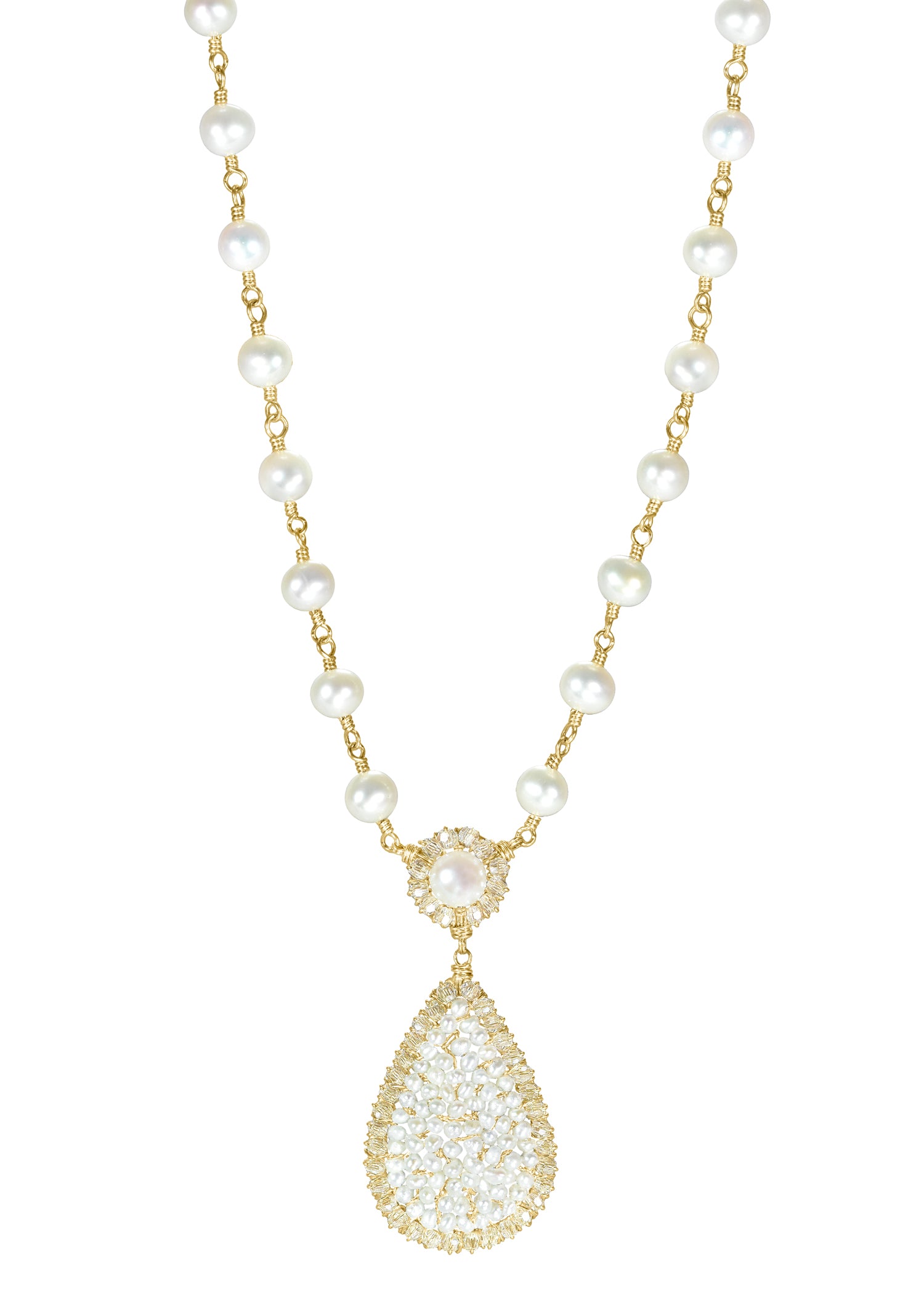 Freshwater pearl rosary necklace in 14k gold fill with a crystal-encrusted teardrop pendant on a white background.