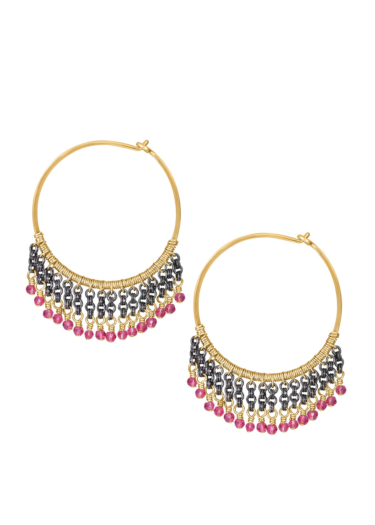 Pink crystal hoop earrings with hand wire-wrapped blackened sterling silver and 14k gold fill accents.