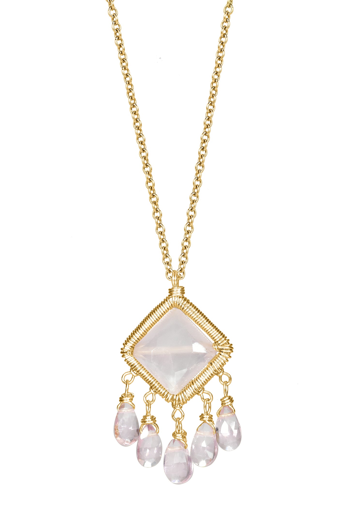 Rose quartz chandelier necklace in 14k gold fill with a hand wire-wrapped diamond-shaped pendant and five dangling stones.