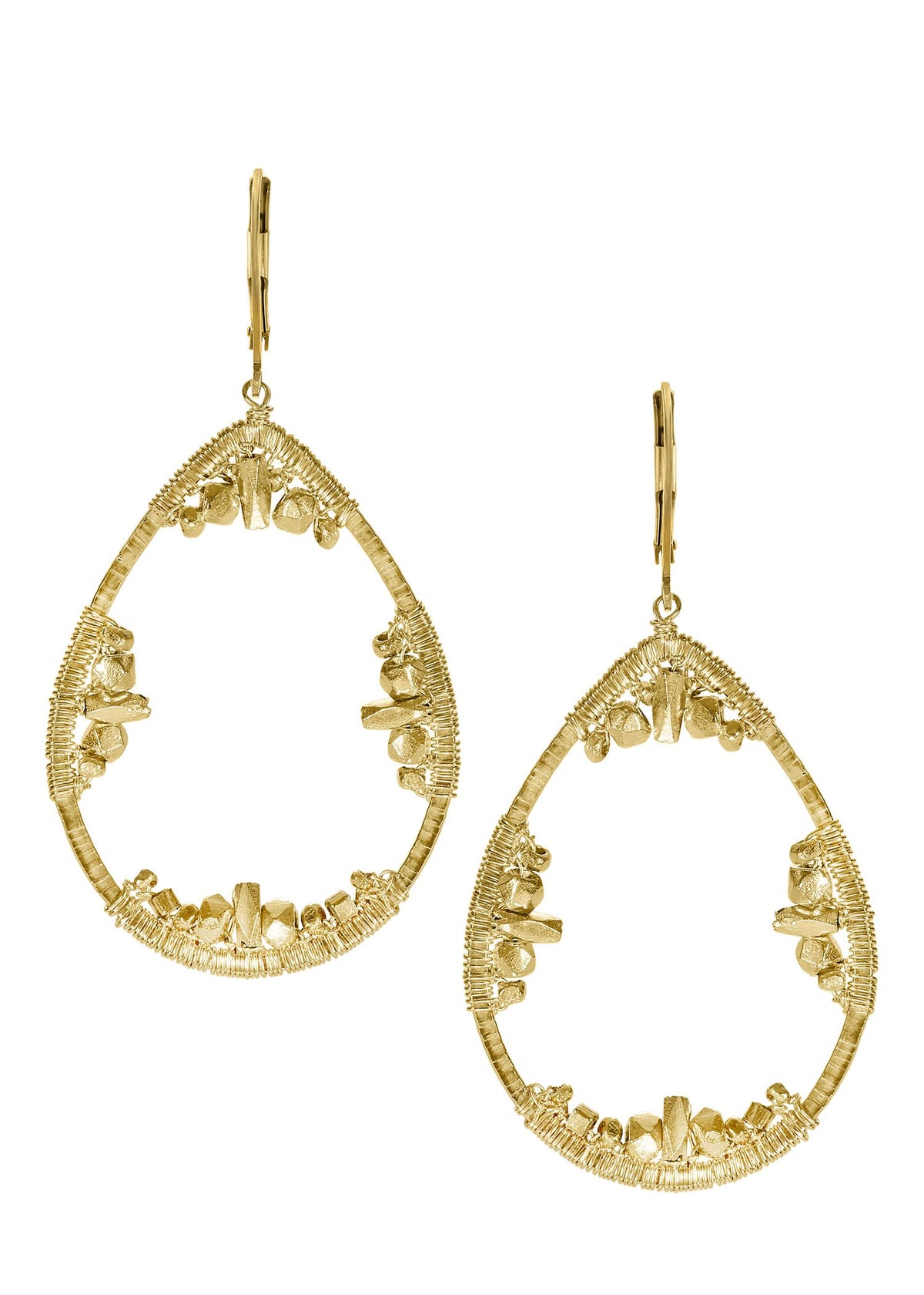 Chrysos earrings in 14k gold fill, featuring hand wire-wrapped teardrop frames with metallic accents.