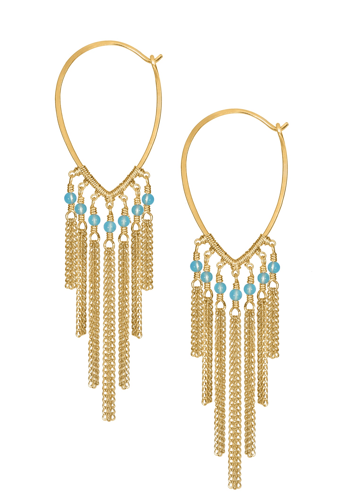 Blue chalcedony hoop earrings in 14k gold fill with hand wire-wrapped graduated chain tassels.