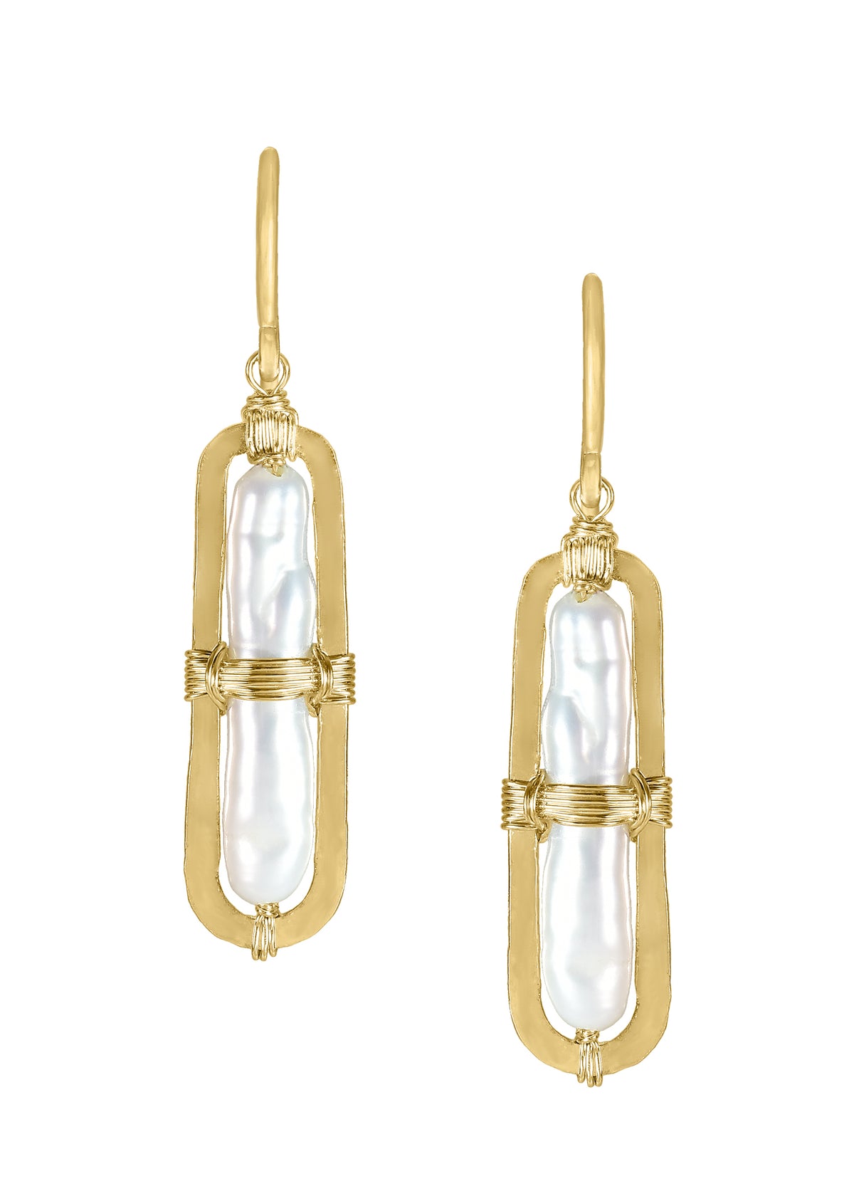 Freshwater pearl earrings in 14k gold fill with hand wire-wrapped rectangular frames and hook ear wires.