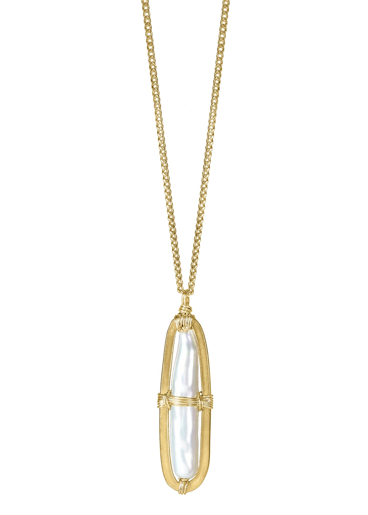 Freshwater pearl necklace in 14k gold fill with a hand wire-wrapped elongated pendant on an 18-inch chain.