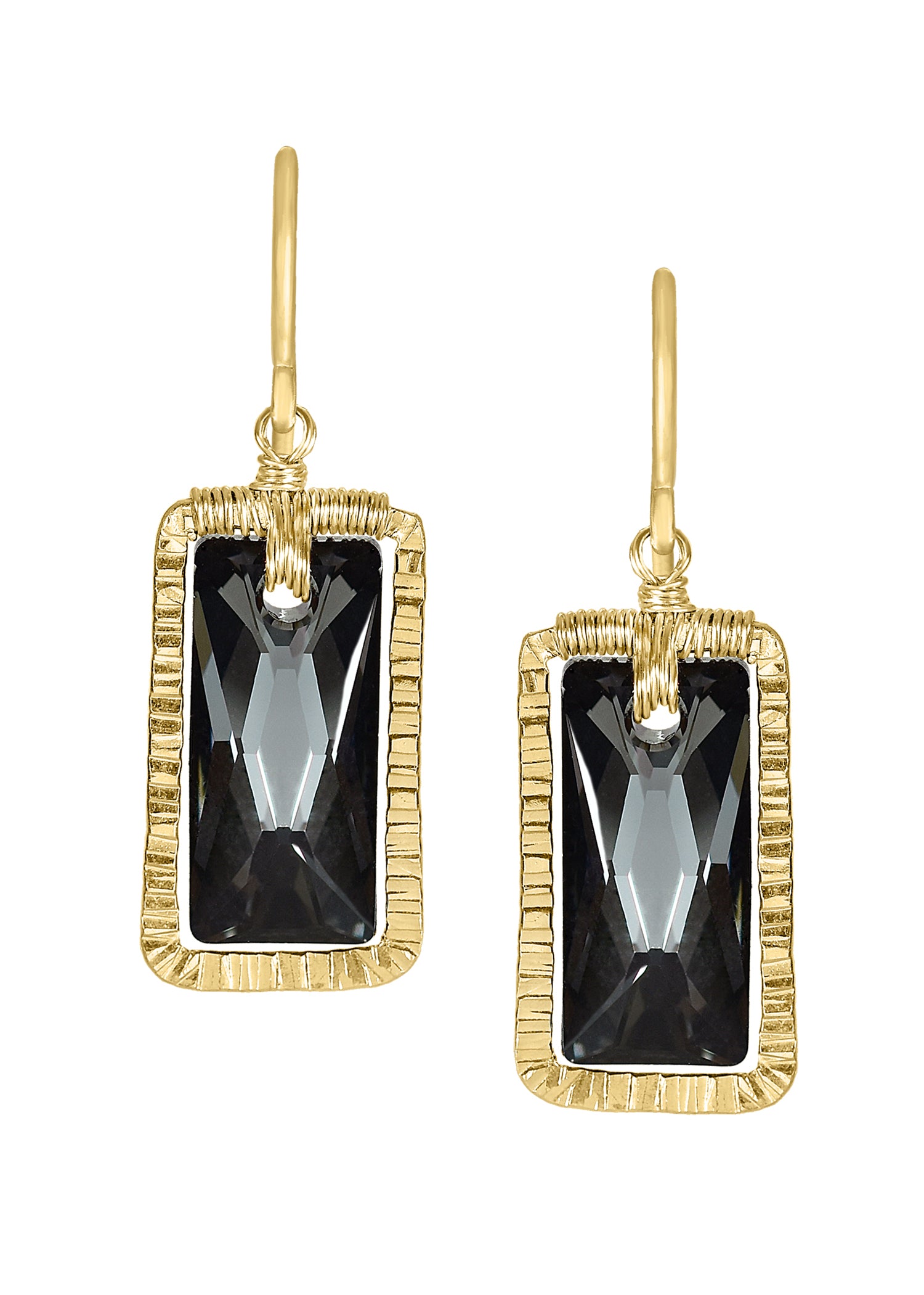 Crystal earrings in 14k gold fill with hand wire-wrapped, rectangular smoky crystals and textured gold frames.