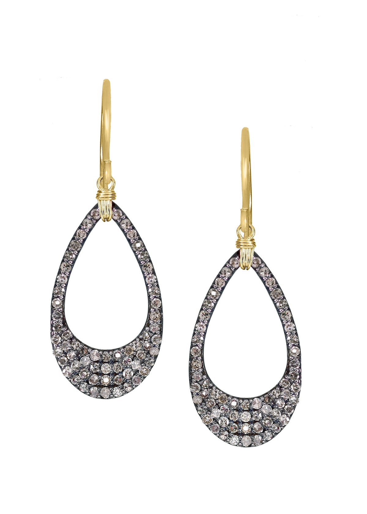 Diamond teardrop hoop earrings in 14k gold and sterling silver with hand wire-wrapped details.