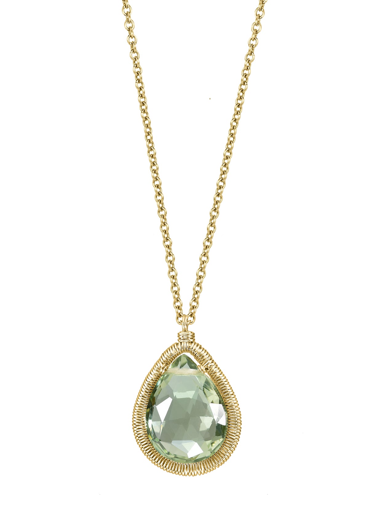 Teardrop necklace with green quartz, 14k gold fill, and hand wire-wrapped detail on a delicate chain.