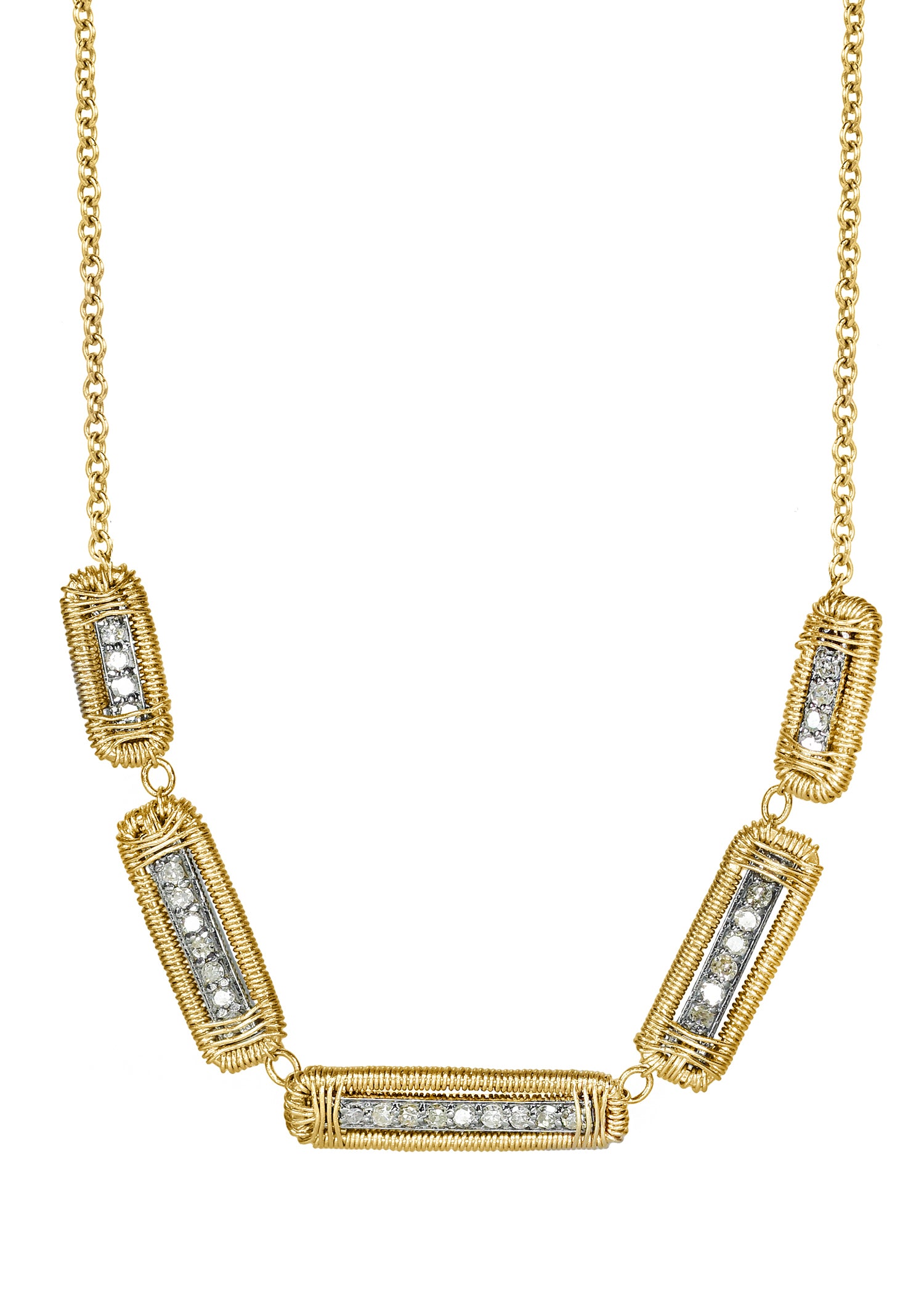 Courtege diamond necklace in 14k gold and sterling silver with five hand wire-wrapped rectangular pave pendants.