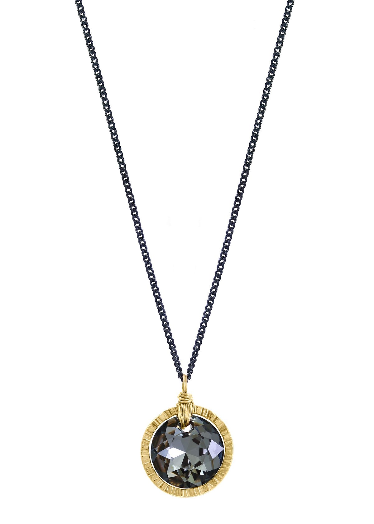 Dark crystal necklace in a hand-textured 14k gold fill frame with hand wire-wrapped detail on a blackened silver chain.
