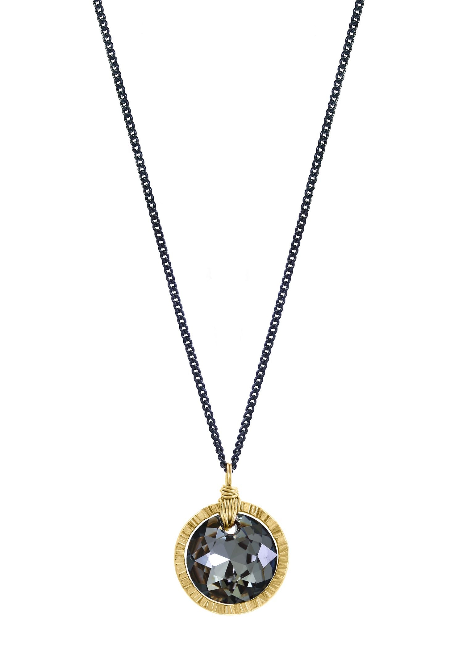 Dark crystal necklace in a hand-textured 14k gold fill frame with hand wire-wrapped detail on a blackened silver chain.