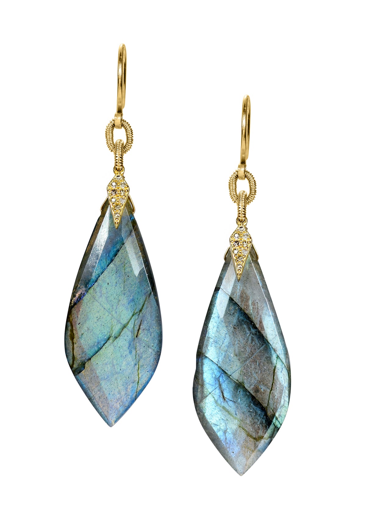 Diamond Labradorite 14k gold Special order only Earrings measure 2-5/16&quot; in length (including the ear wires) and 5/8&quot; of an inch in width at the widest point Handmade in our Los Angeles studio