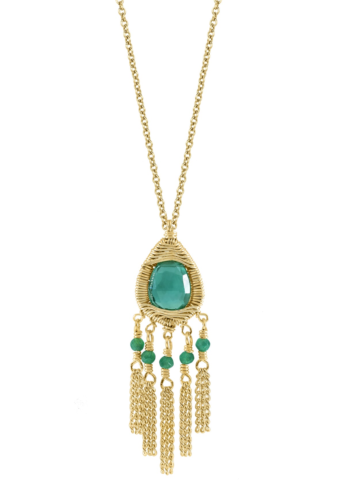 Emerald tassel necklace in 14k gold fill with hand wire-wrapped faceted emerald green quartz on a 17-inch chain.