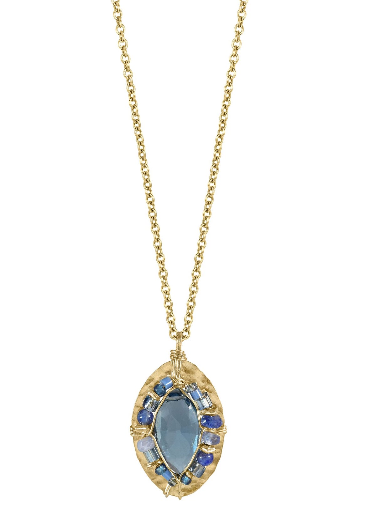 Delphinium necklace with kyanite, purple chalcedony, and blue quartz on a hand wire-wrapped 14k gold fill marquis pendant.