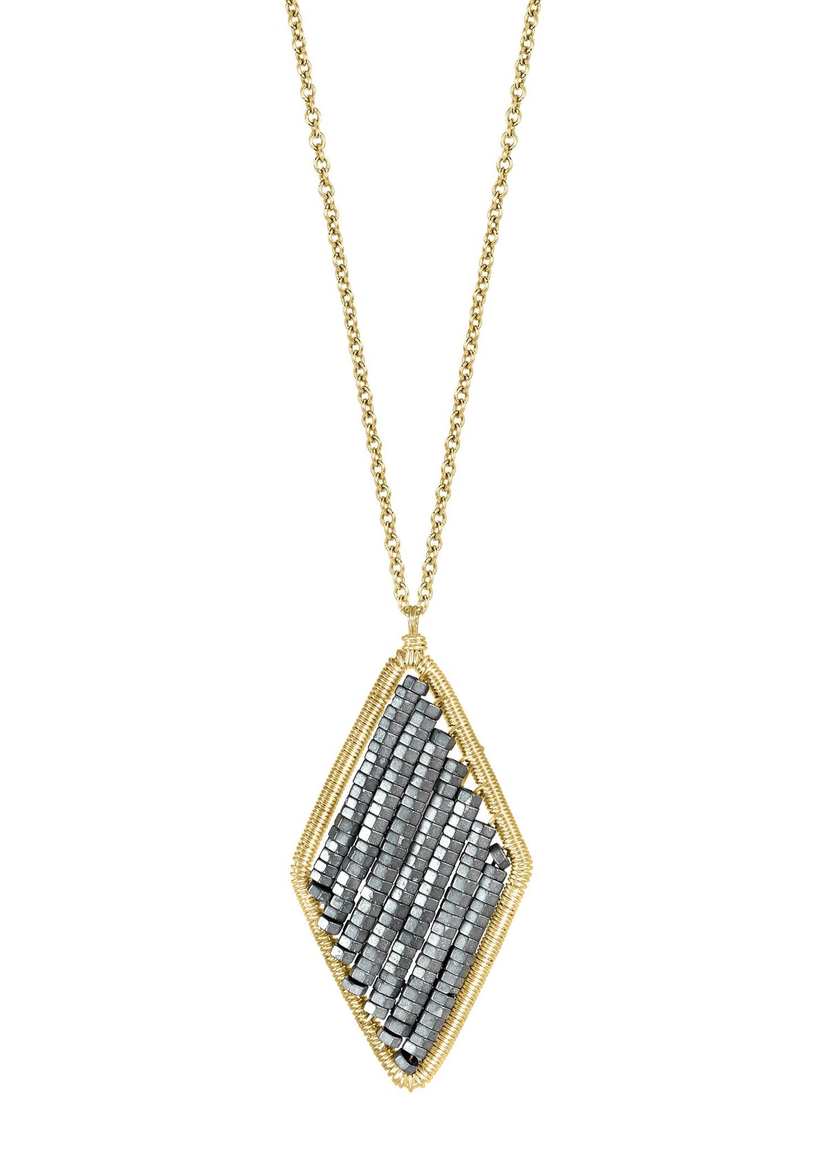 Hematite bead necklace with a hand wire-wrapped 14k gold fill diamond-shaped pendant on a 17-inch chain.