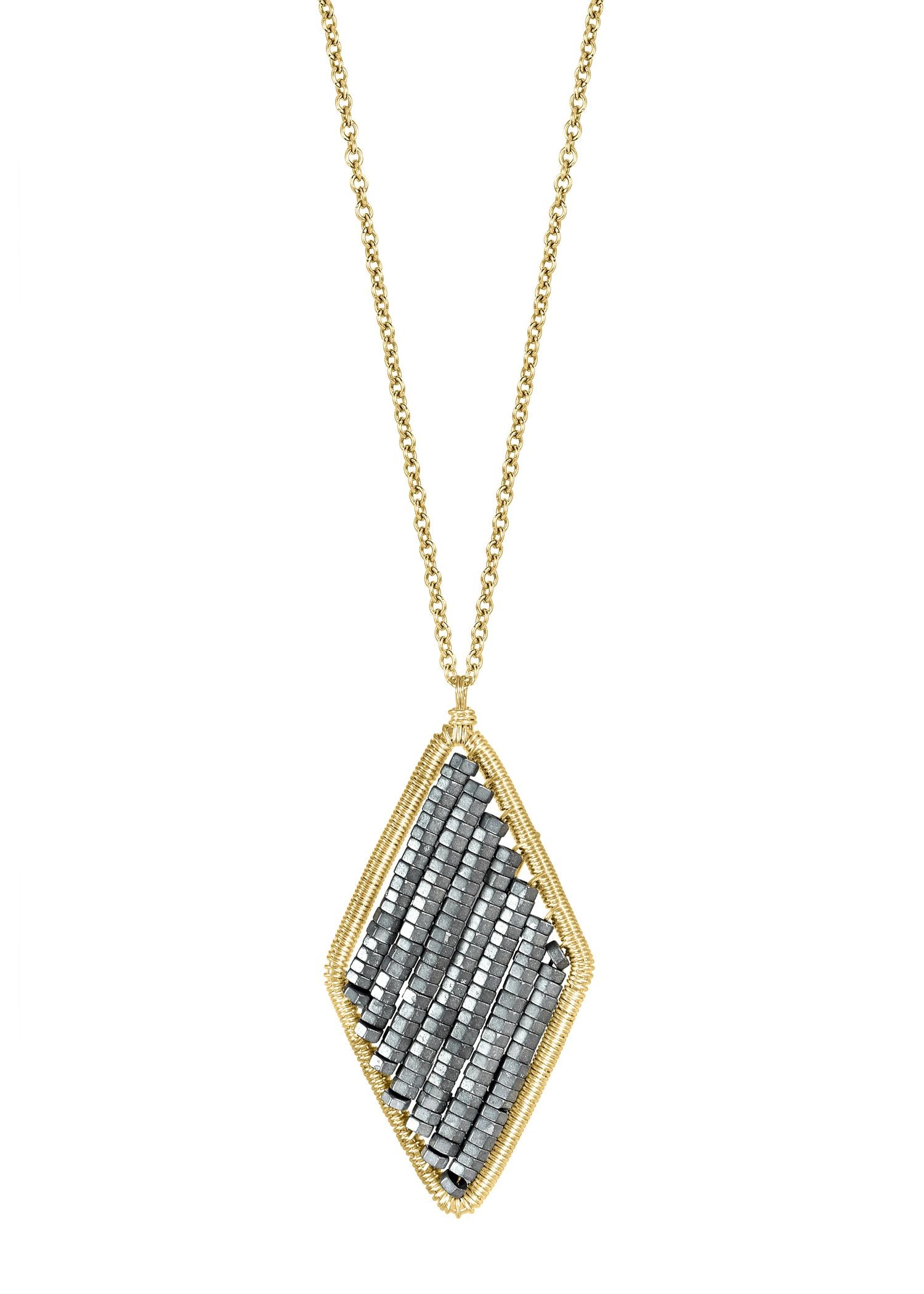 Hematite bead necklace with a hand wire-wrapped 14k gold fill diamond-shaped pendant on a 17-inch chain.
