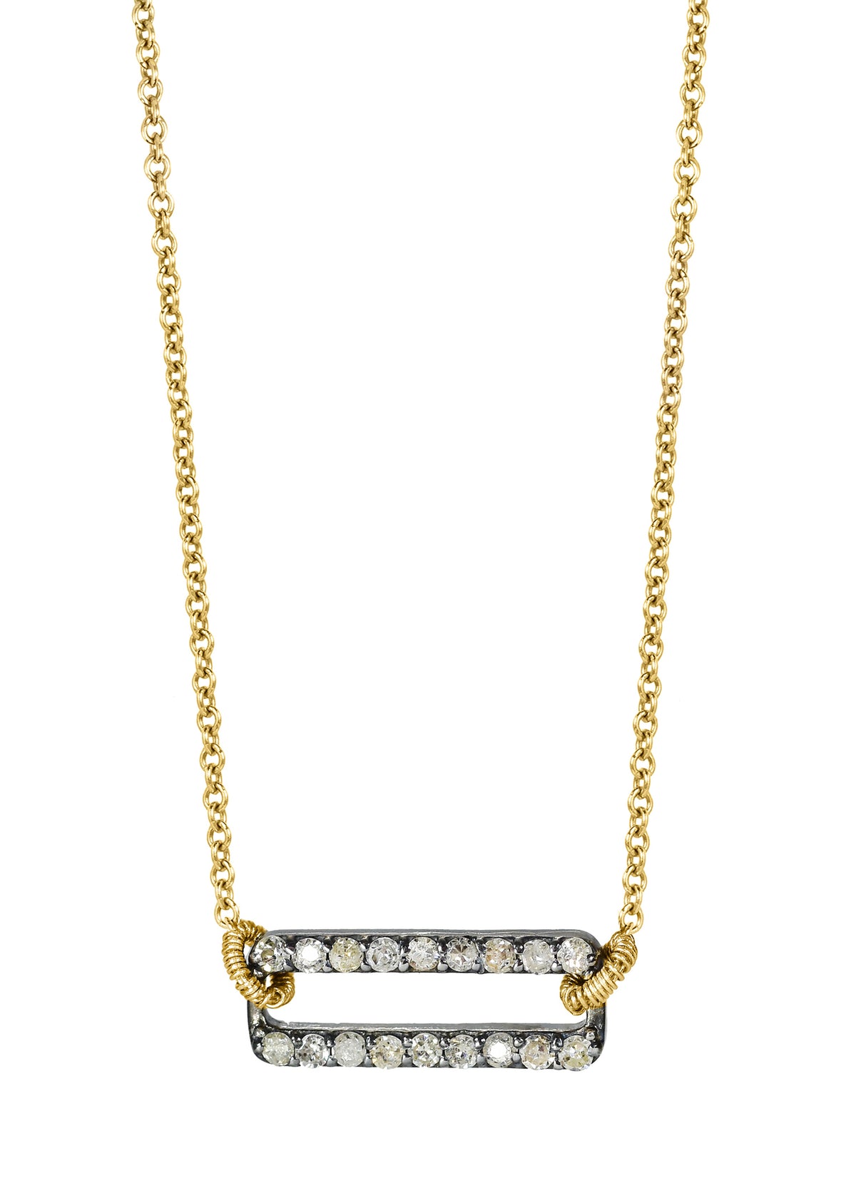 Diamond bar necklace with hand wire-wrapped 14k gold and sterling silver, featuring pave diamonds on a 16-inch chain.