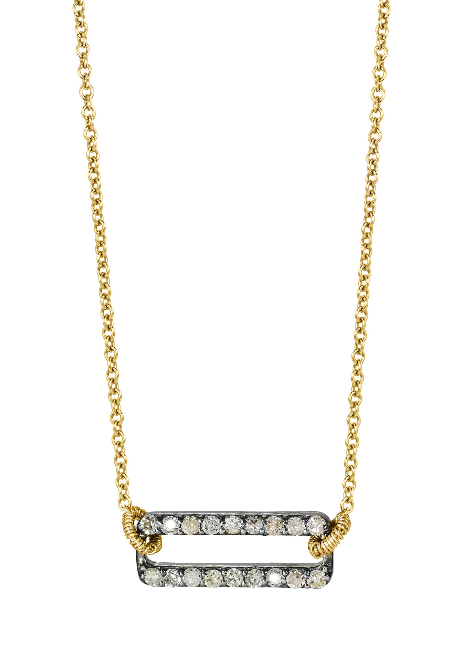 Diamond bar necklace with hand wire-wrapped 14k gold and sterling silver, featuring pave diamonds on a 16-inch chain.