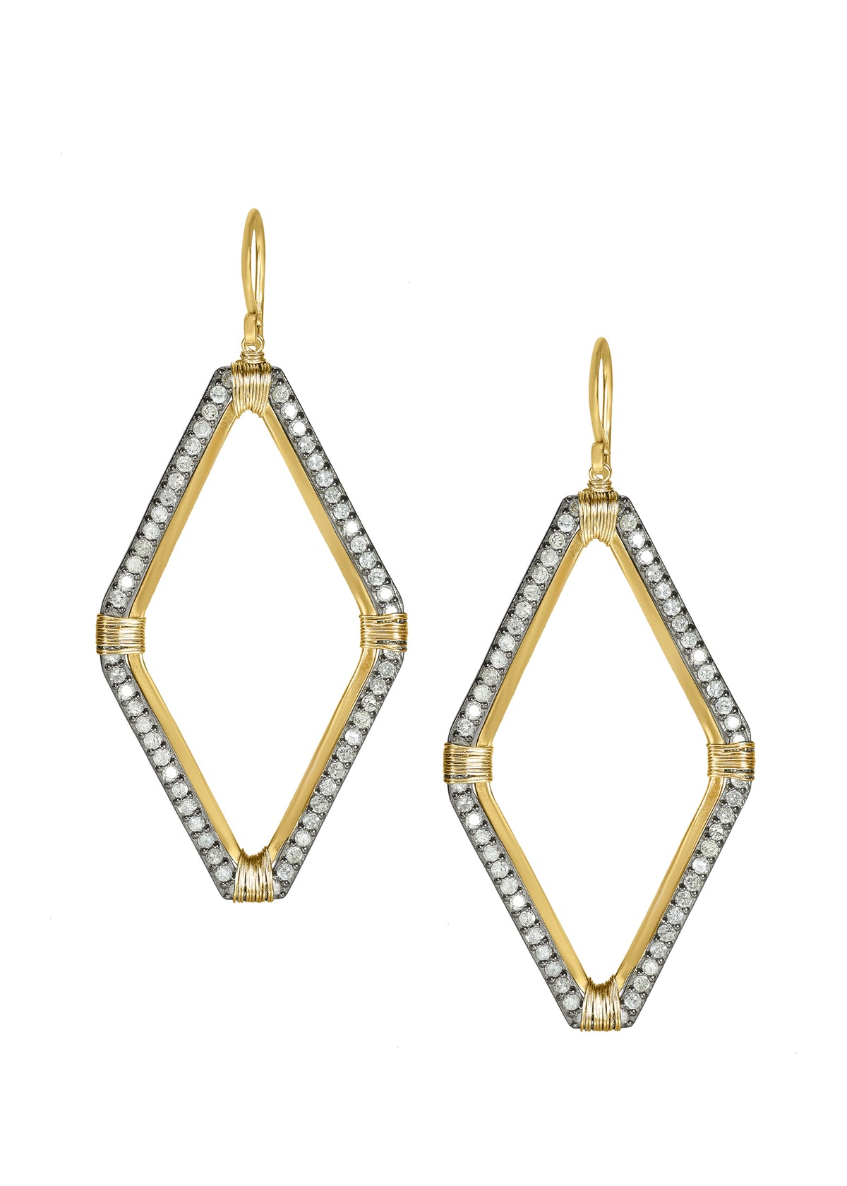 Diamond pave hoop earrings in 14k gold and sterling silver with hand wire-wrapped diamond-shaped frames.
