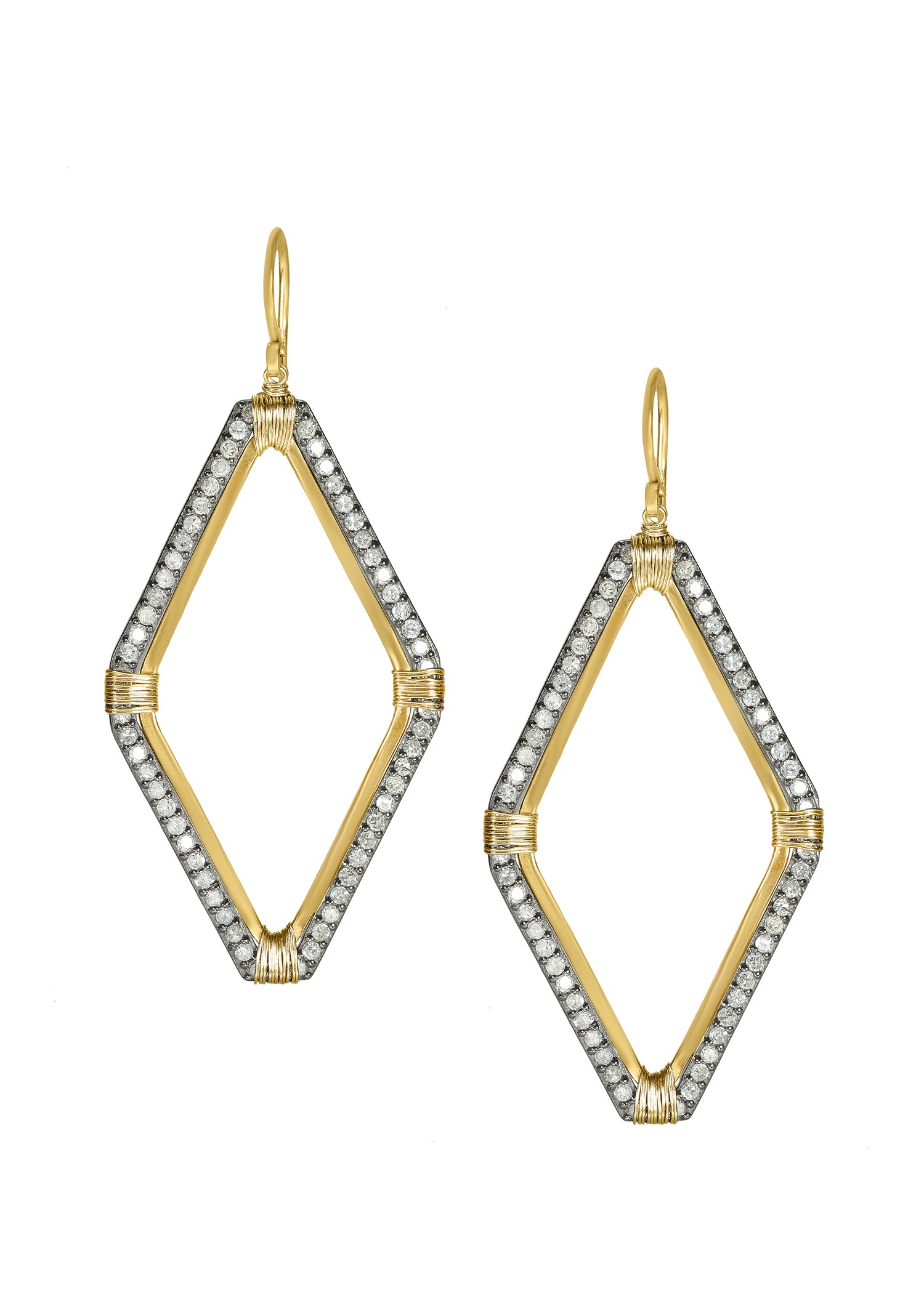 Diamond pave hoop earrings in 14k gold and sterling silver with hand wire-wrapped diamond-shaped frames.