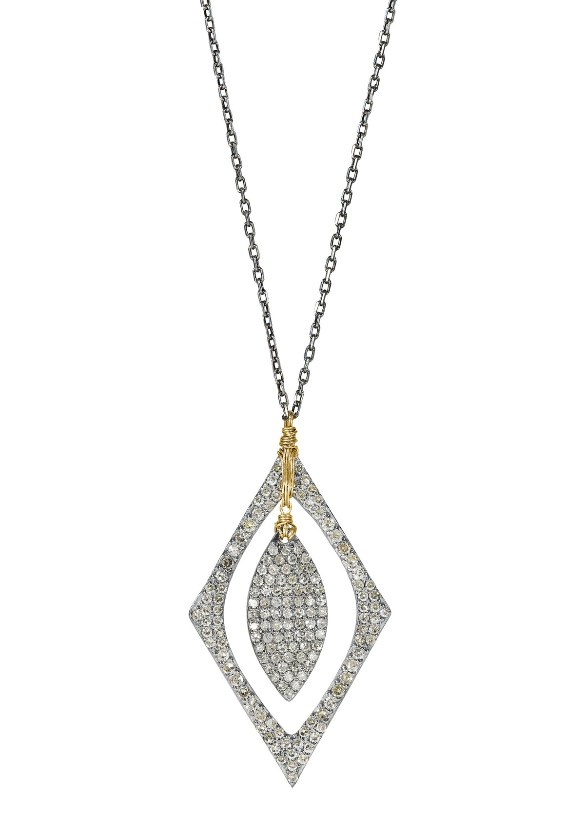 Diamond necklace with hand wire-wrapped 14k gold and sterling silver double pendant on a 17-inch chain.