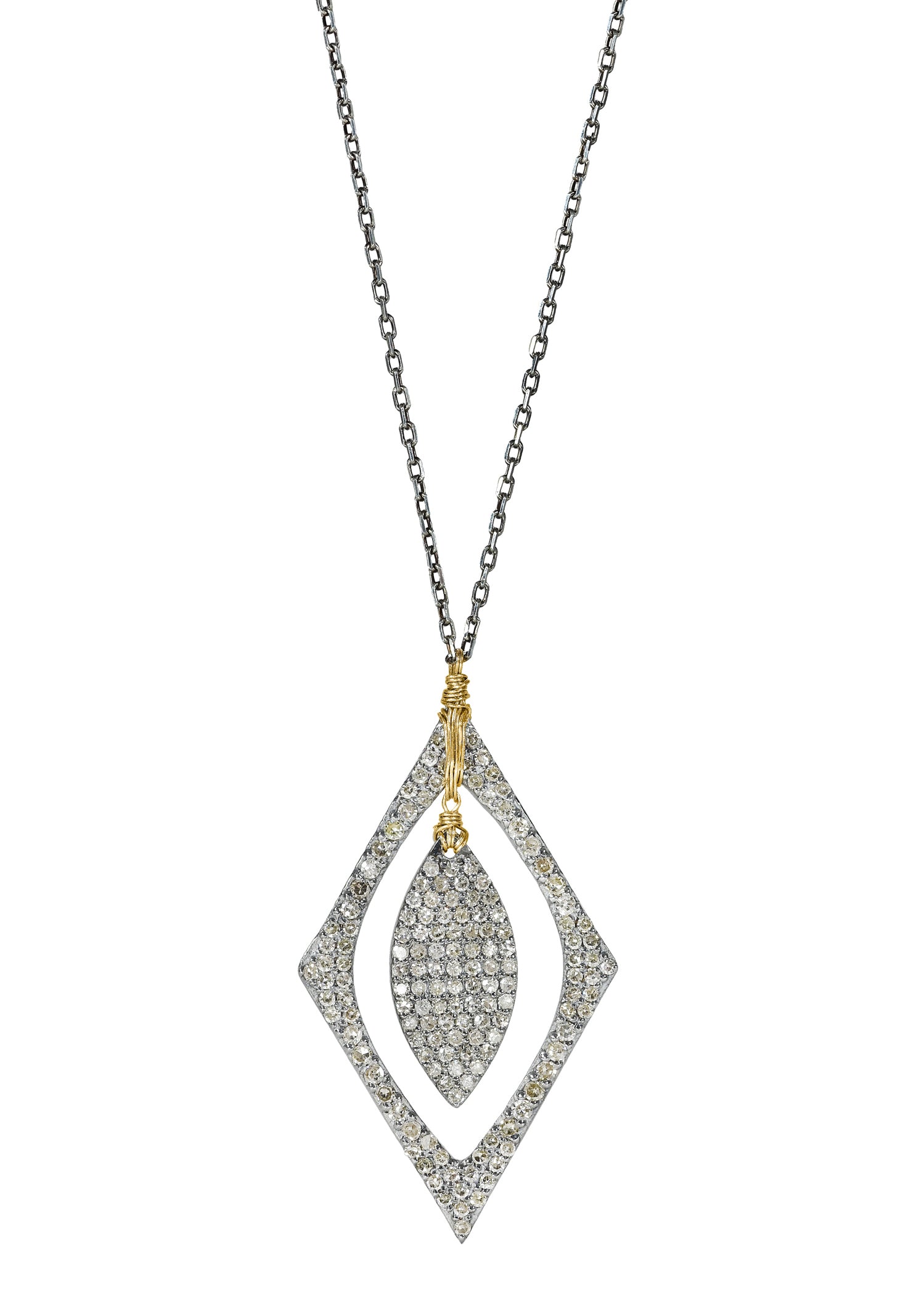 Diamond necklace with hand wire-wrapped 14k gold and sterling silver double pendant on a 17-inch chain.