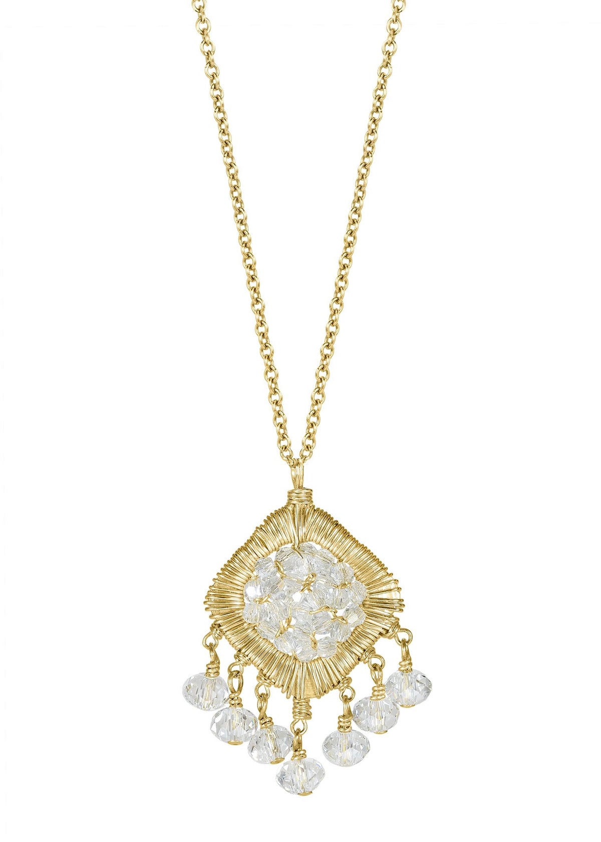 Diamond drop necklace with clear crystals and hand wire-wrapped 14k gold fill in a diamond-shaped chandelier design.