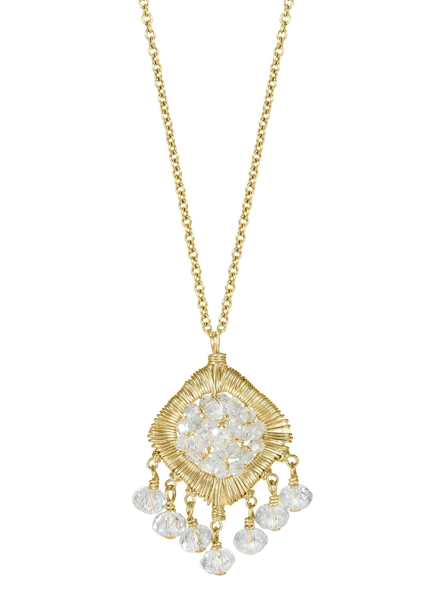 Diamond drop necklace with clear crystals and hand wire-wrapped 14k gold fill in a diamond-shaped chandelier design.