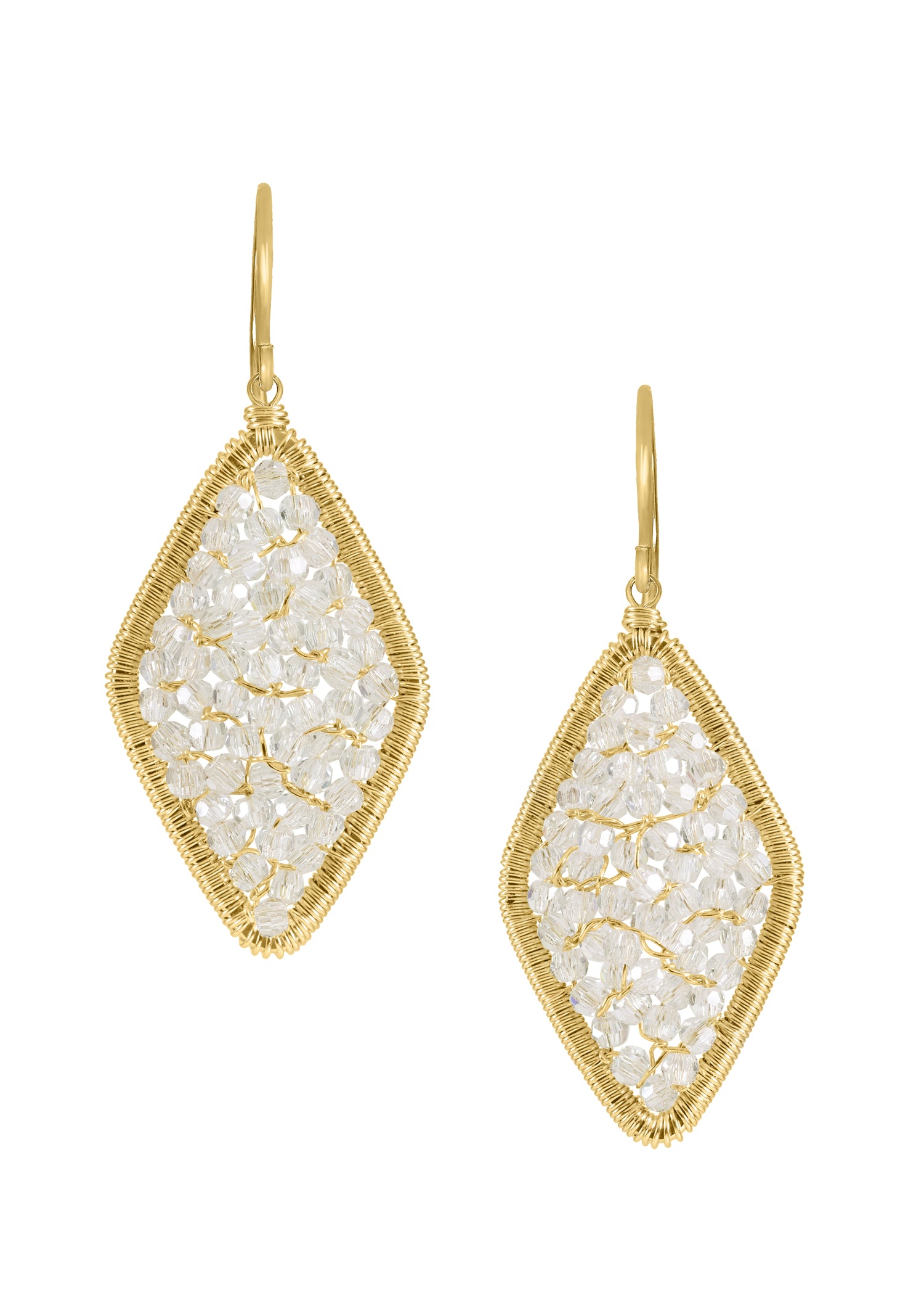 Crystal earrings in 14k gold fill, featuring hand wire-wrapped diamond-shaped frames with clear shimmering crystals.