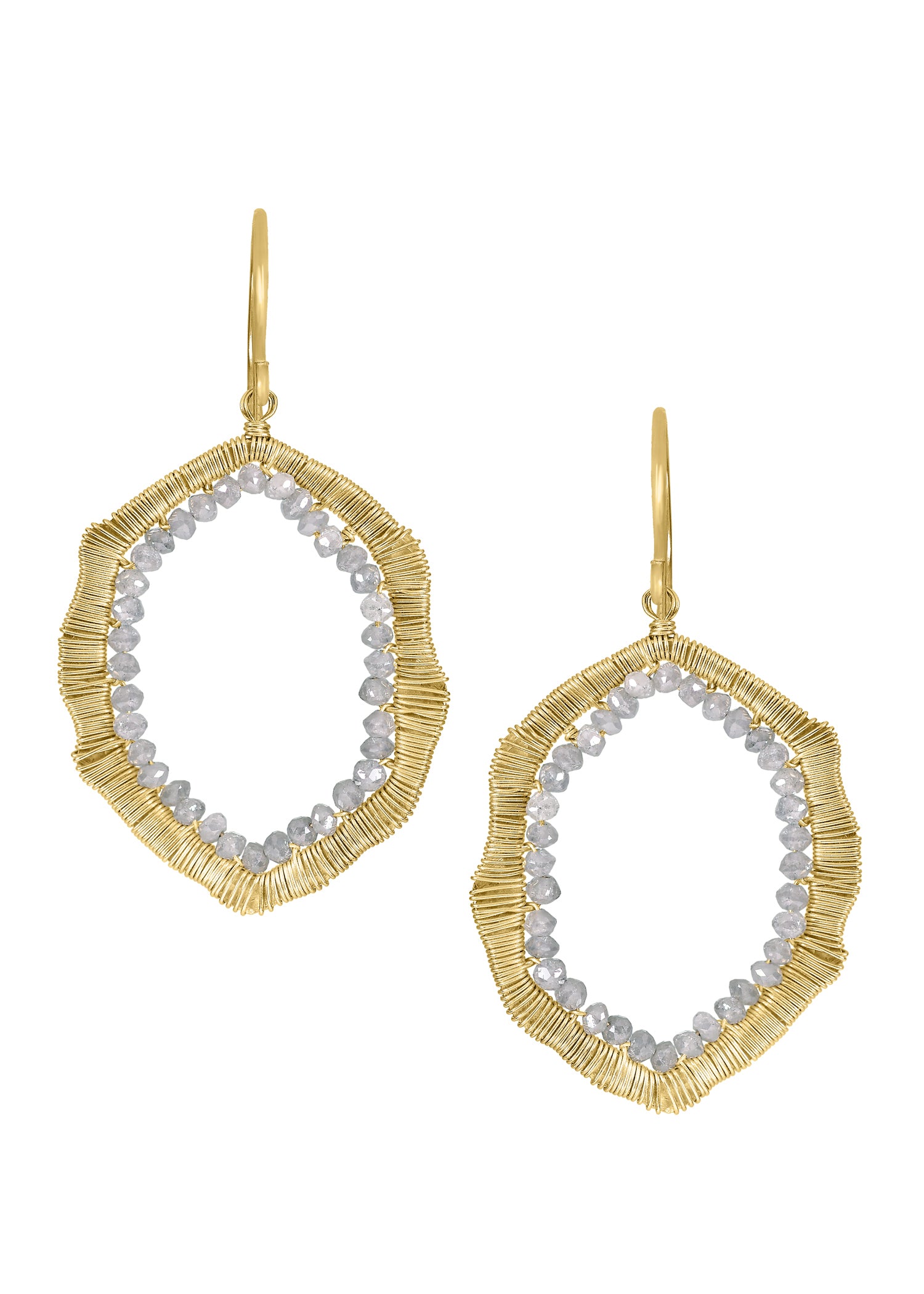 Diamond geode earrings with hand wire-wrapped 14k gold, featuring gray diamond beads on ruffled, organic-shaped hoops.