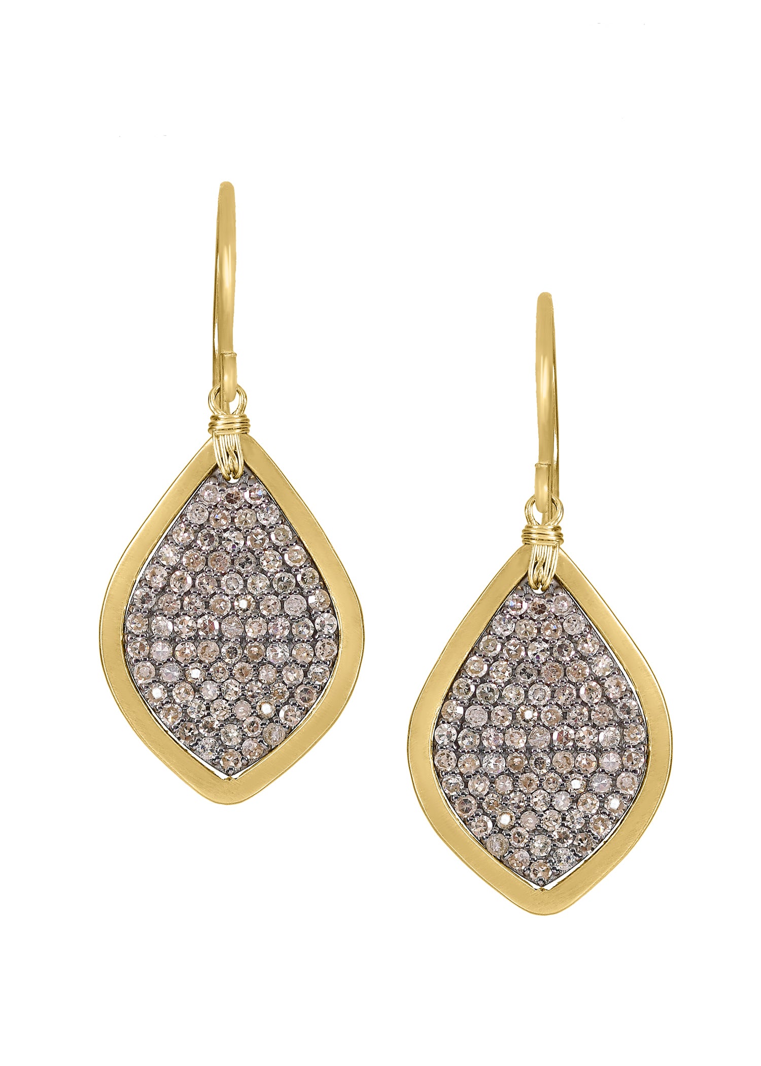 Diamond leaf earrings in 14k gold and sterling silver with hand wire-wrapped ear wires and pave diamond settings.