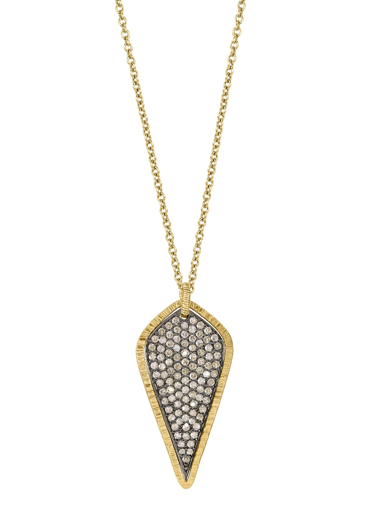 Diamond leaf necklace in 14k gold and sterling silver with a hand wire-wrapped pavé diamond pendant on a 17-inch chain.