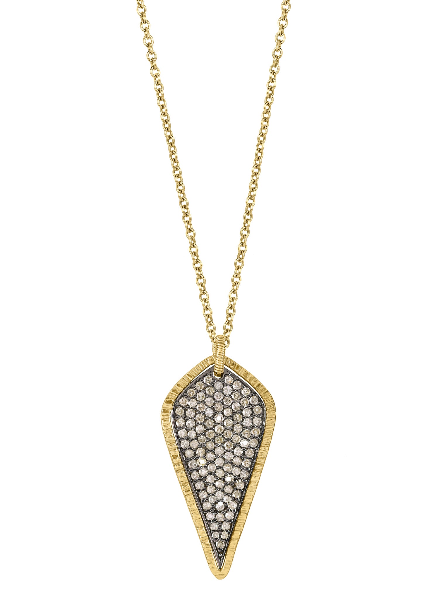 Diamond leaf necklace in 14k gold and sterling silver with a hand wire-wrapped pavé diamond pendant on a 17-inch chain.