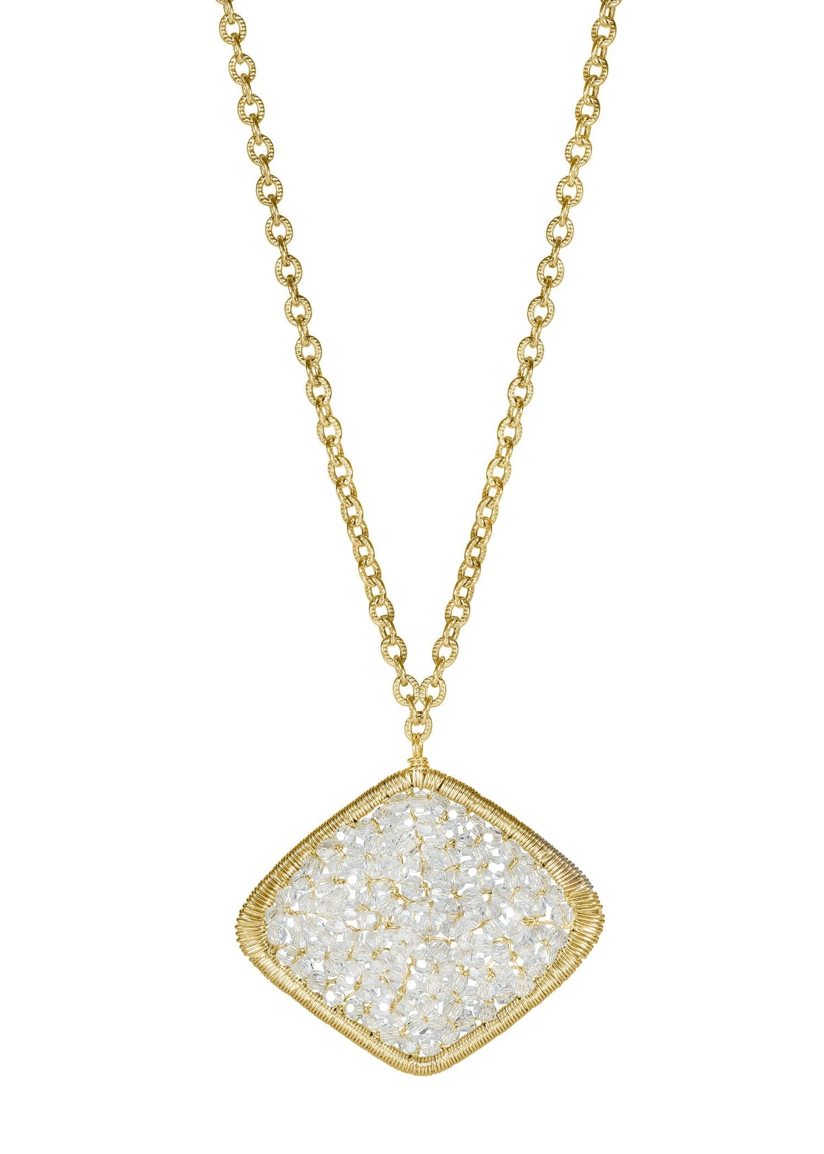 Crystal necklace with a hand wire-wrapped square pendant on a 14k gold fill chain.