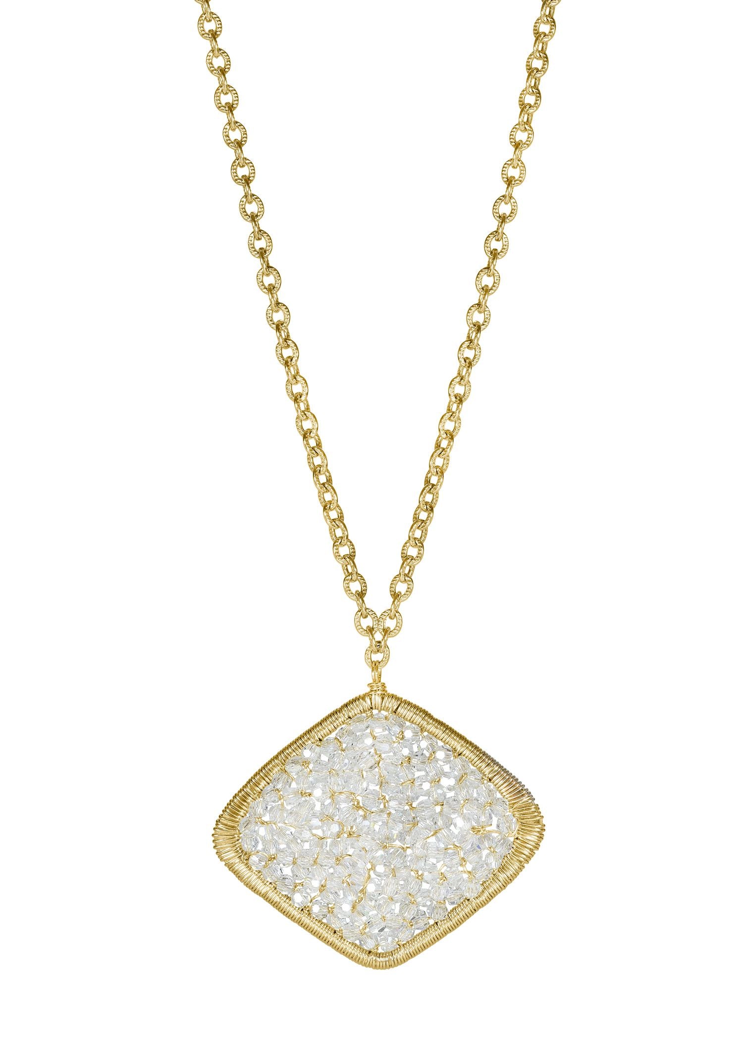 Crystal necklace with a hand wire-wrapped square pendant on a 14k gold fill chain.