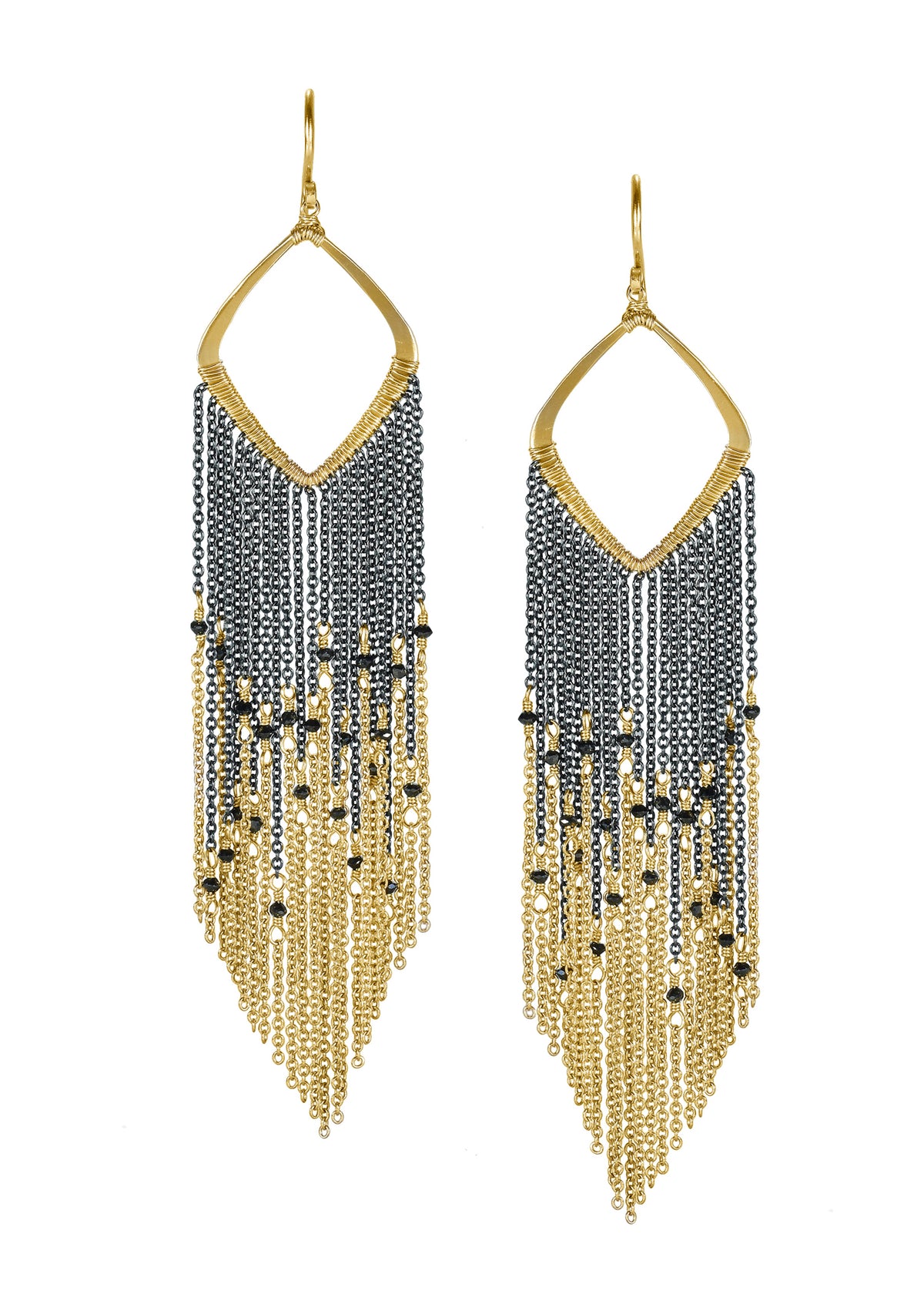 Diamond earrings in 14k gold and blackened sterling silver with an ombre fringe of chains and hand wire-wrapped stones.