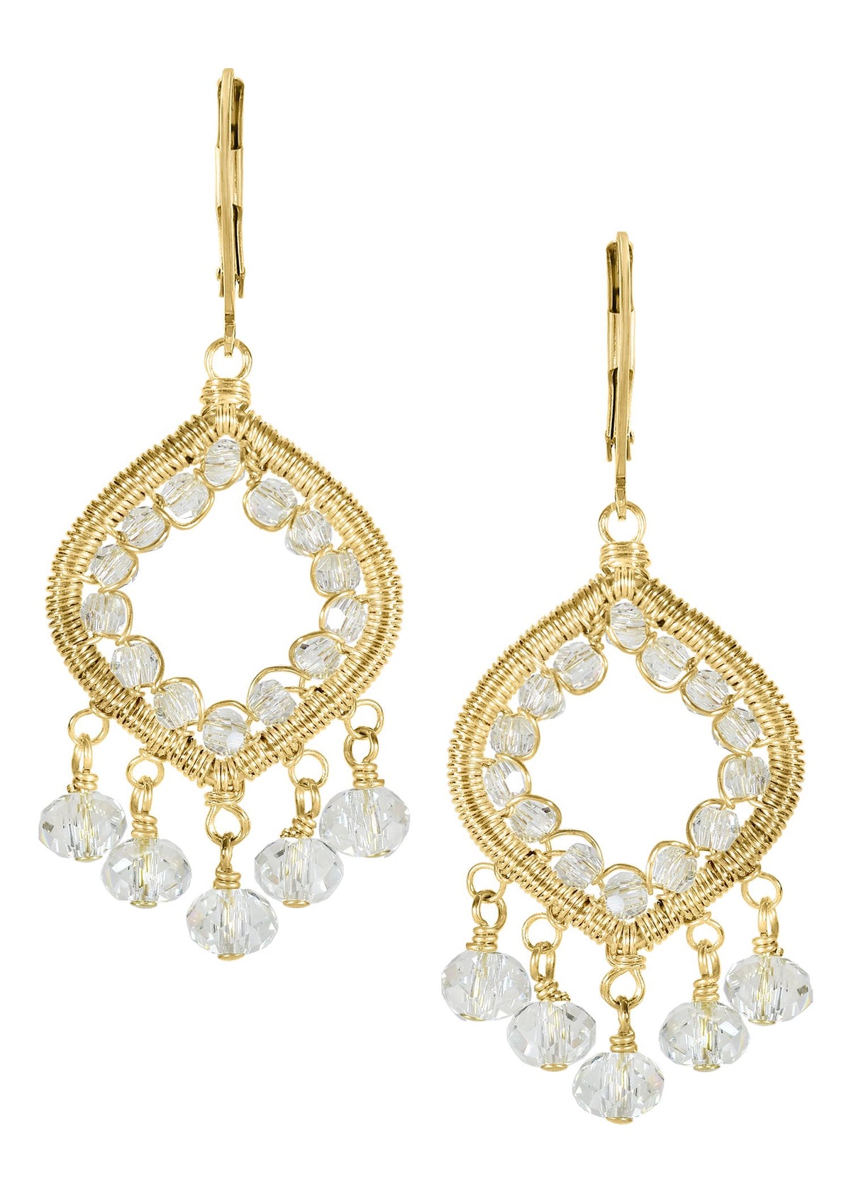Crystal earrings in 14k gold fill with hand wire-wrapped diamond-shaped frames and dangling crystal drops.