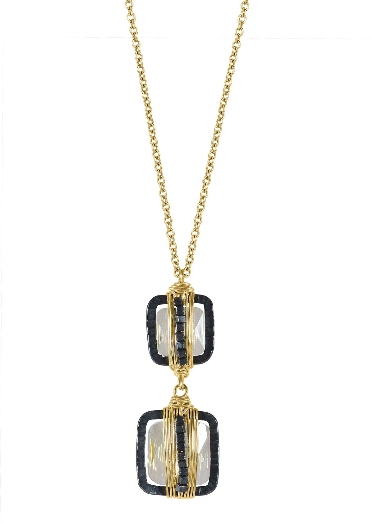 Double pendant necklace with crystal, 14k gold fill, and blackened sterling silver, featuring hand wire-wrapped detail.